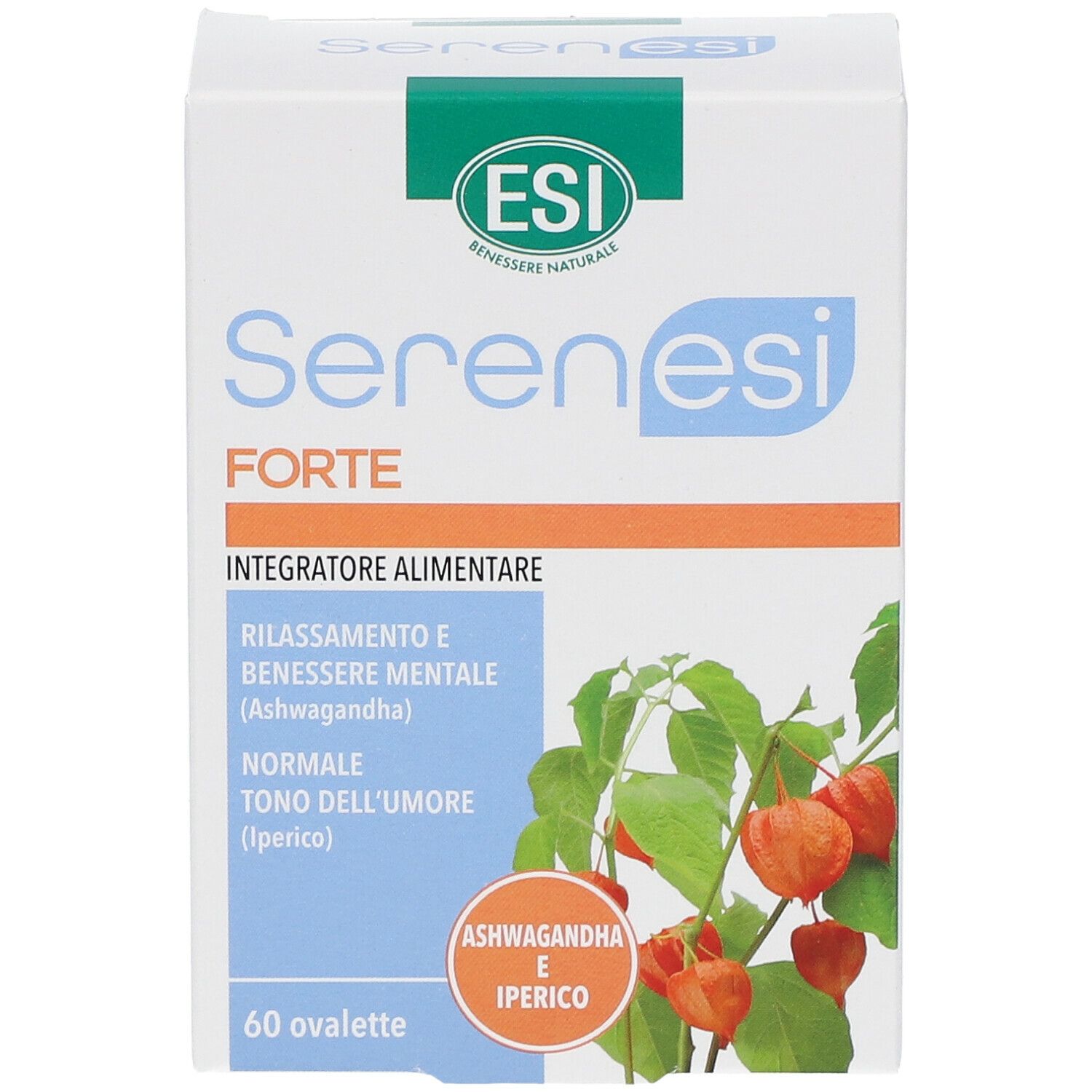 Scatola bianca "ESI Serenesi FORTE". Contiene 60 ovalette. Illustrazione verde-arancione. Testo in italiano.