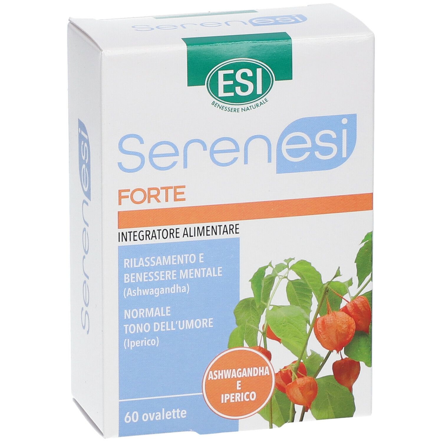 Scatola bianca "ESI Serenesi FORTE". Contiene 60 ovalette. Illustrazione verde-arancione. Testo in italiano.