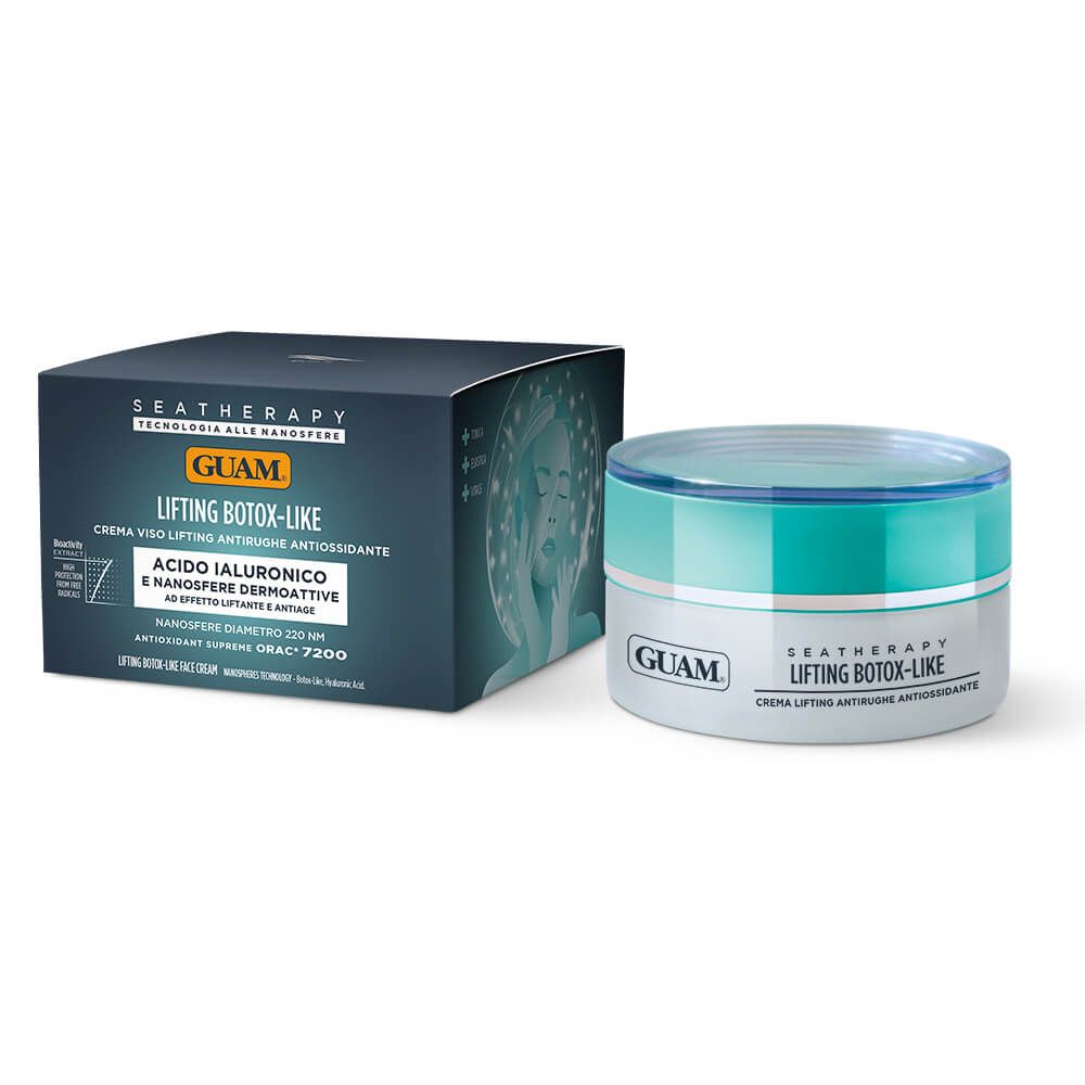 Vaso e scatola di crema. Scritta: GUAM, Seatherapy, Lifting Botox-Like. Con acido ialuronico e proprietà antiossidanti.