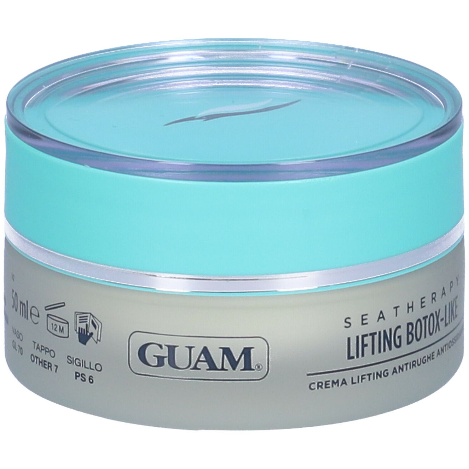 Vaso di crema con coperchio blu. Scritta: GUAM, Seatherapy, Lifting Botox-Like. Crema viso antirughe.