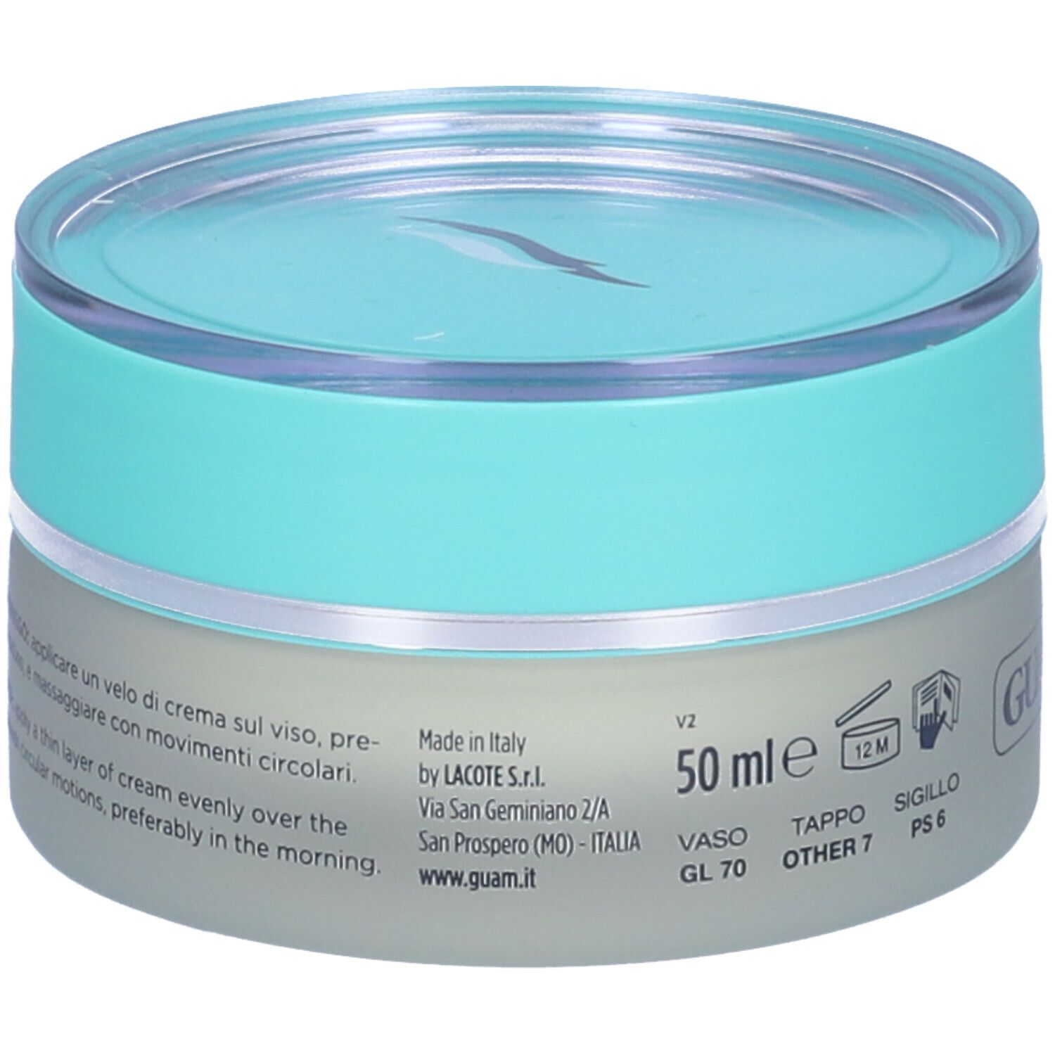 Vaso di crema con coperchio blu. Scritta: GUAM, Seatherapy, Lifting Botox-Like. Crema viso antirughe.