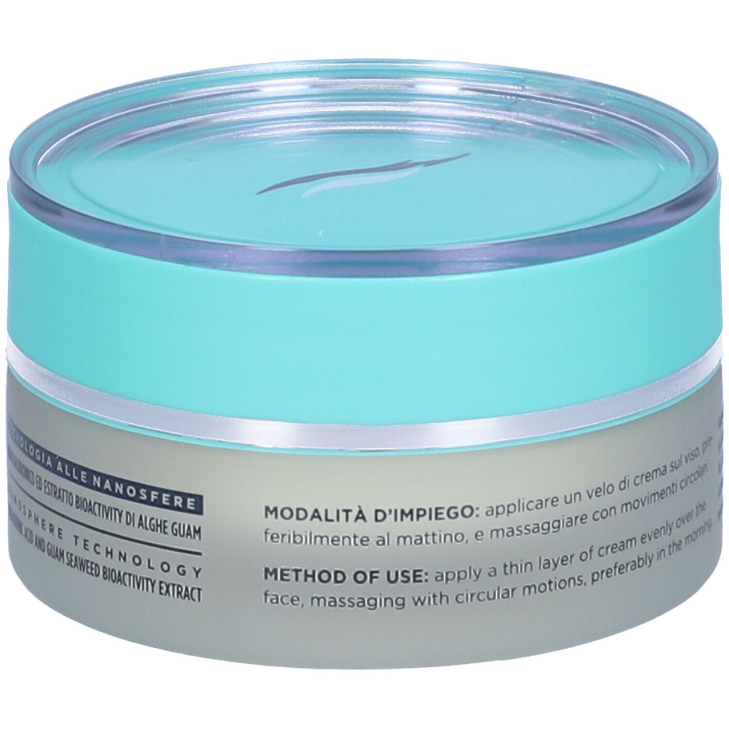 Vaso di crema con coperchio blu. Scritta: GUAM, Seatherapy, Lifting Botox-Like. Crema viso antirughe.