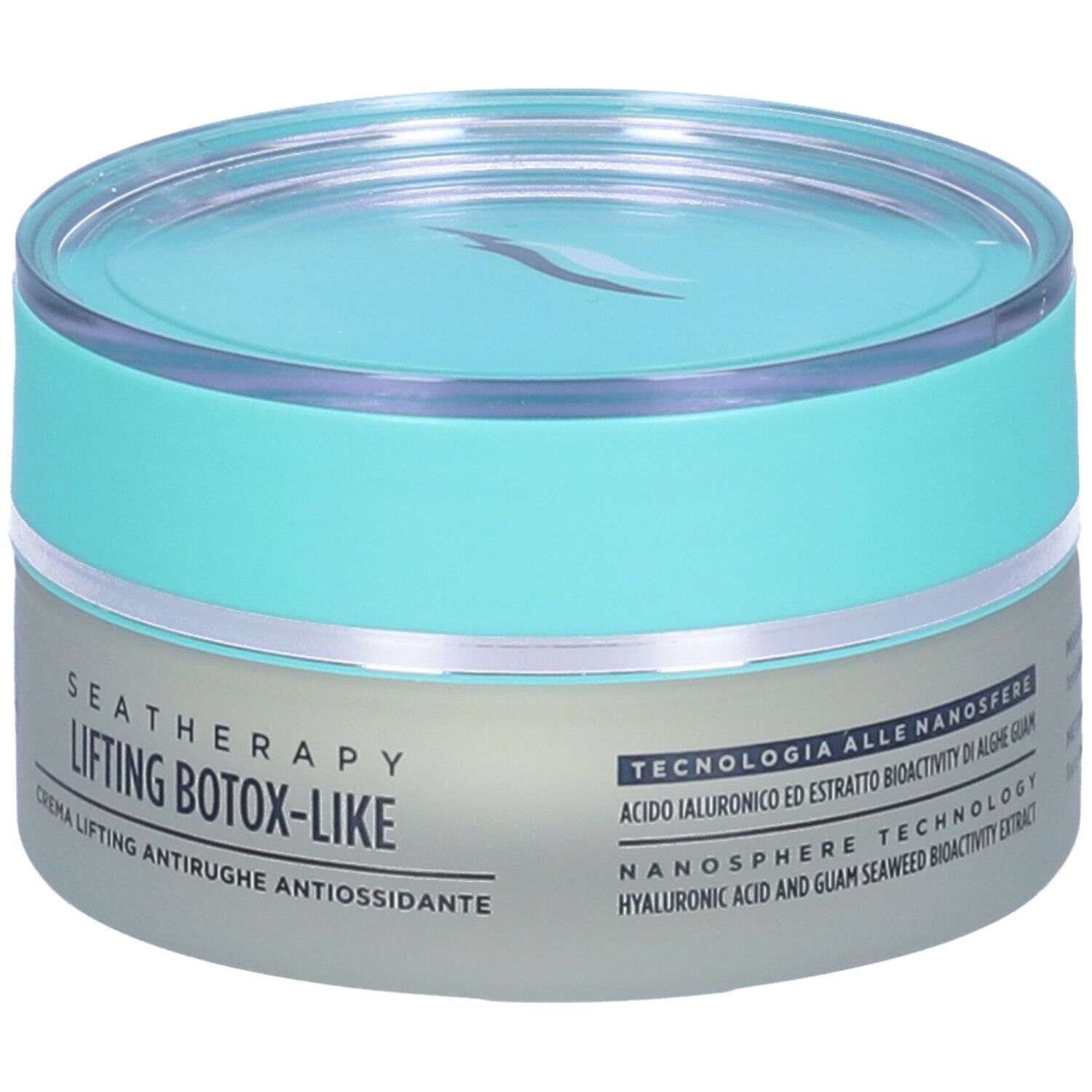 Vaso di crema con coperchio blu. Scritta: GUAM, Seatherapy, Lifting Botox-Like. Crema viso antirughe.