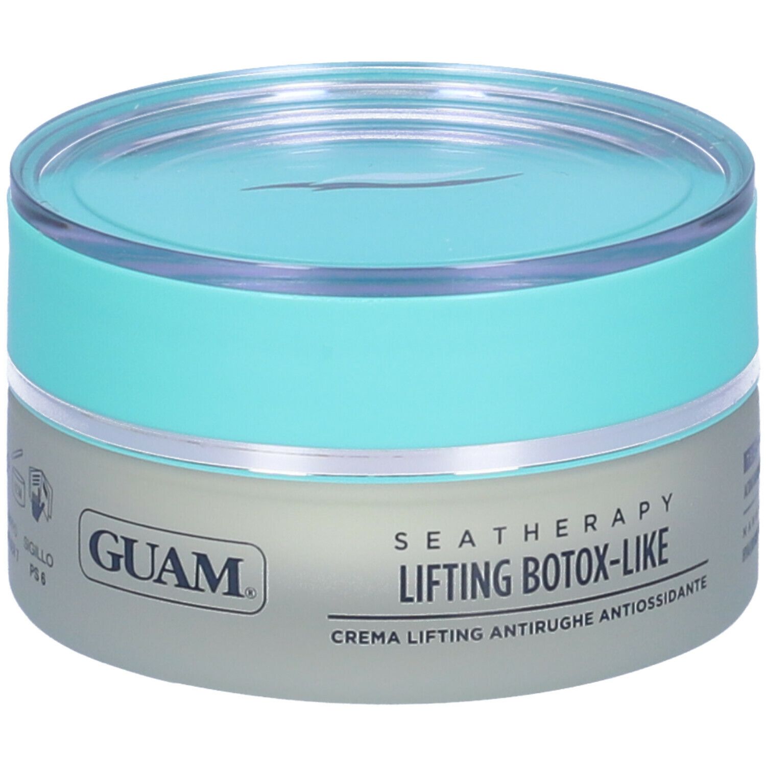 Vaso di crema con coperchio blu. Scritta: GUAM, Seatherapy, Lifting Botox-Like. Crema viso antirughe.