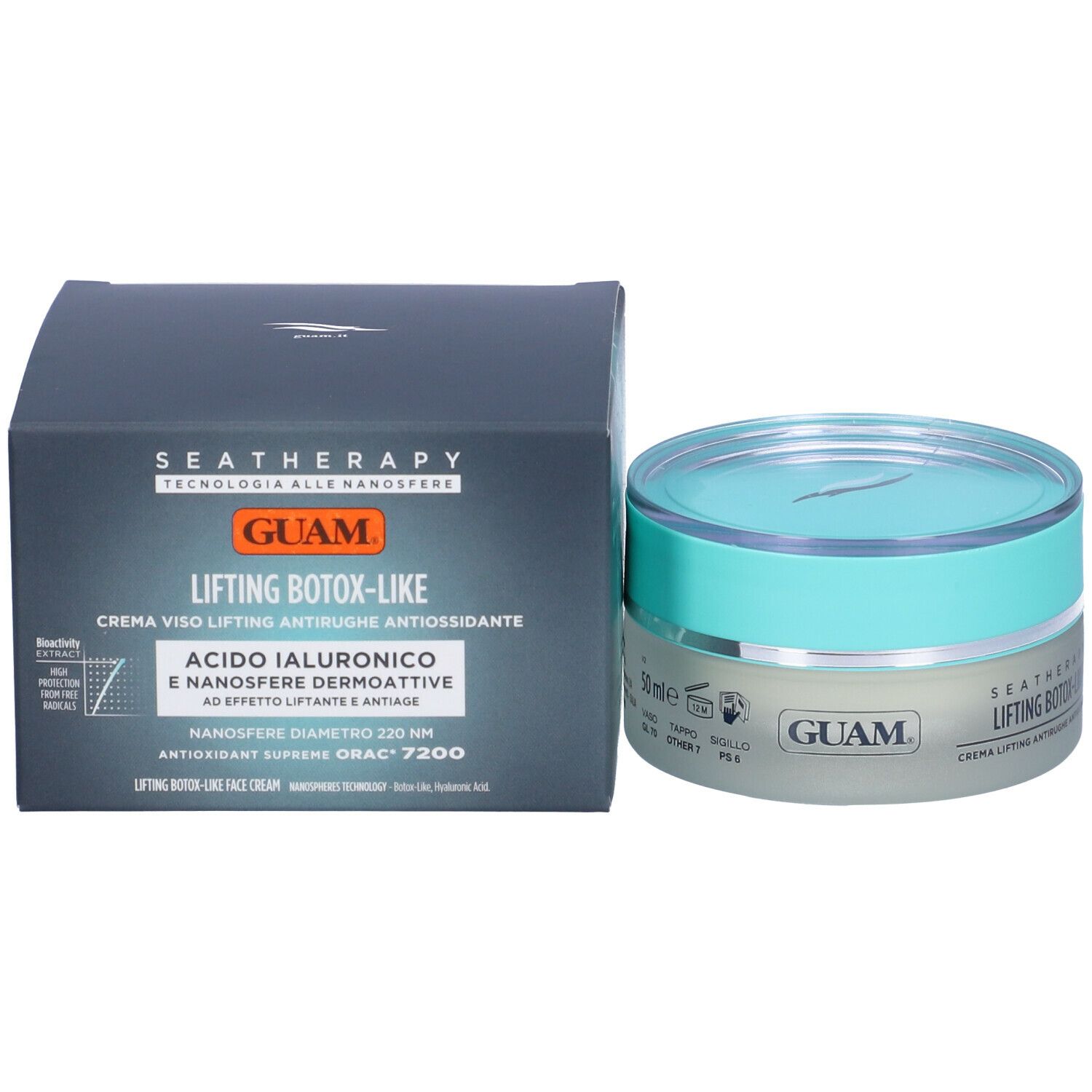 Vaso e scatola di crema. Scritta: GUAM, Seatherapy, Lifting Botox-Like. Con acido ialuronico e proprietà antiossidanti.