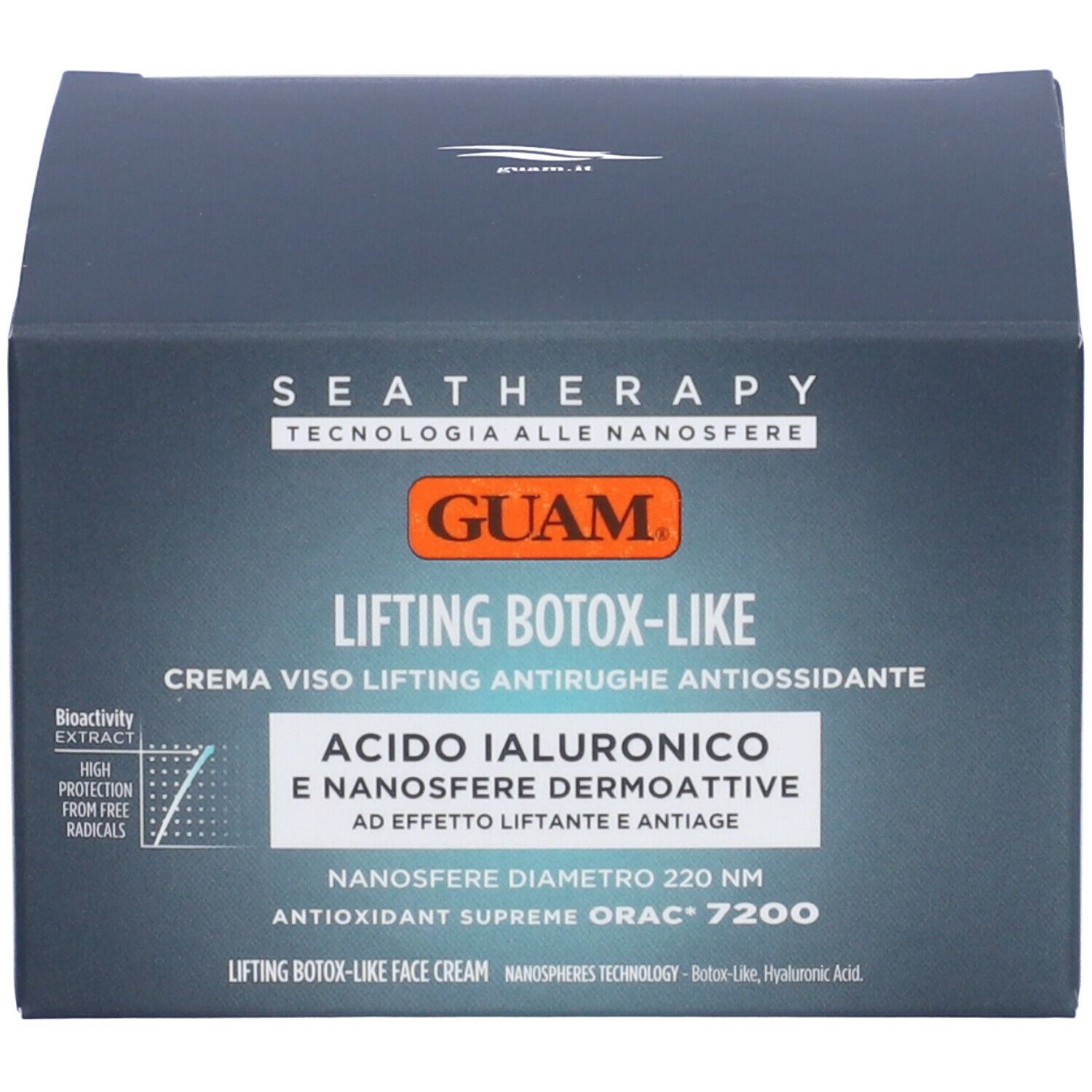 Scatola con scritta: GUAM, Seatherapy, Lifting Botox-Like. Con acido ialuronico e proprietà antiossidanti.