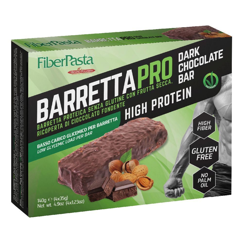 Confezione Fiberpasta Barretta Pro Dark Chocolate Bar. Barra proteica, testo High Protein, senza glutine, e immagine di un uomo.