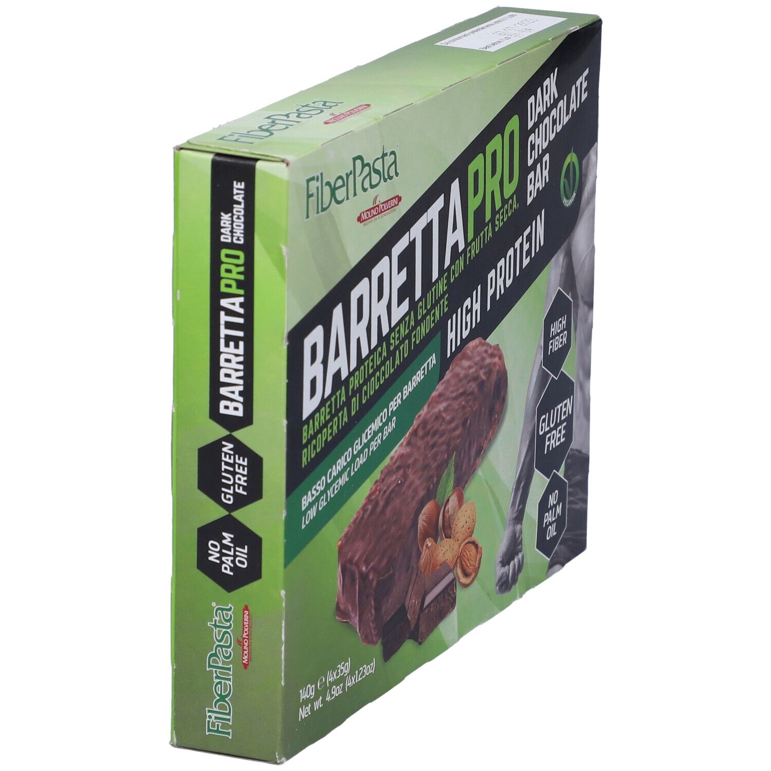 Confezione Fiberpasta Barretta Pro Dark Chocolate Bar. Barrette, frutta secca, testo High Protein, senza glutine, senza olio di palma.