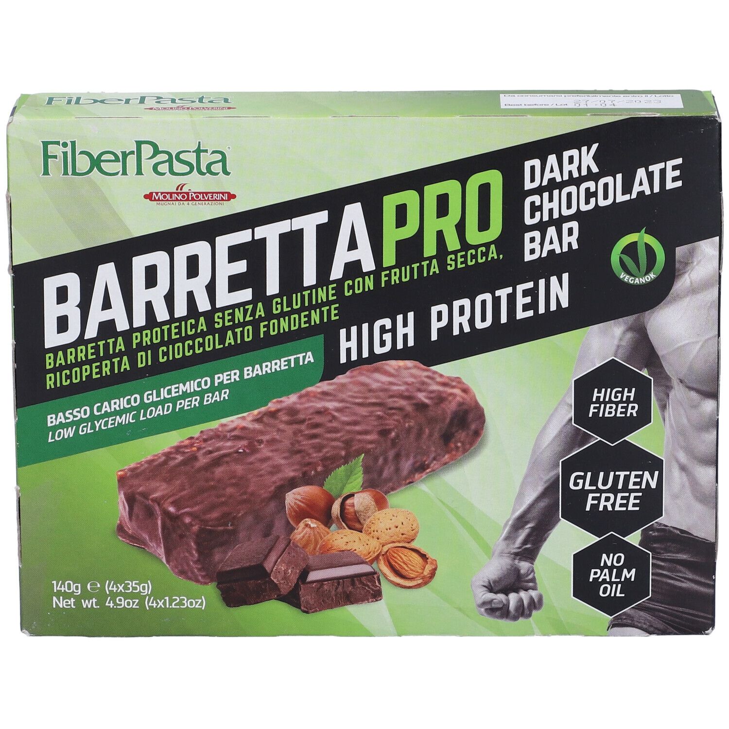Confezione Fiberpasta Barretta Pro Dark Chocolate Bar. Barrette, frutta secca, testo High Protein, senza glutine, senza olio di palma.