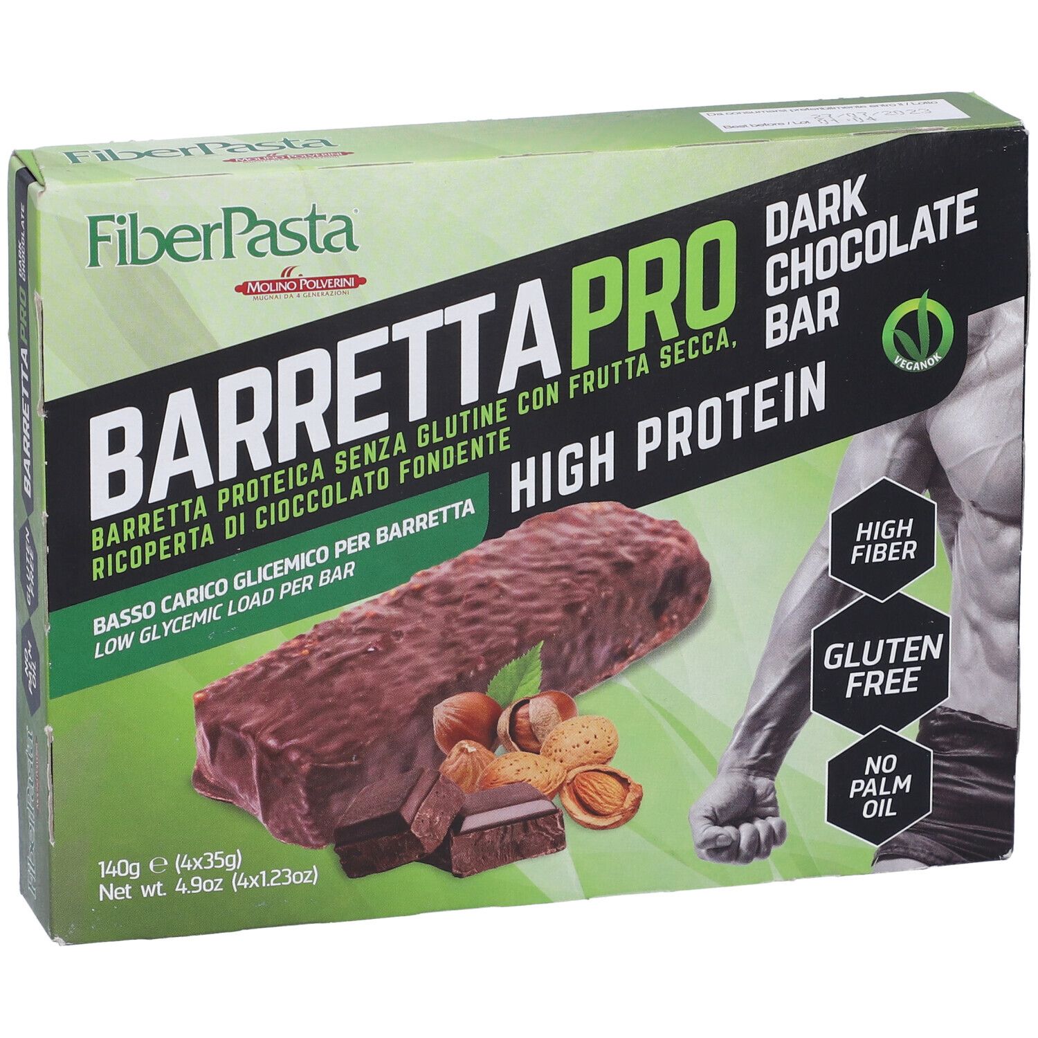 Confezione Fiberpasta Barretta Pro Dark Chocolate Bar. Barrette, frutta secca, testo High Protein, senza glutine, senza olio di palma.