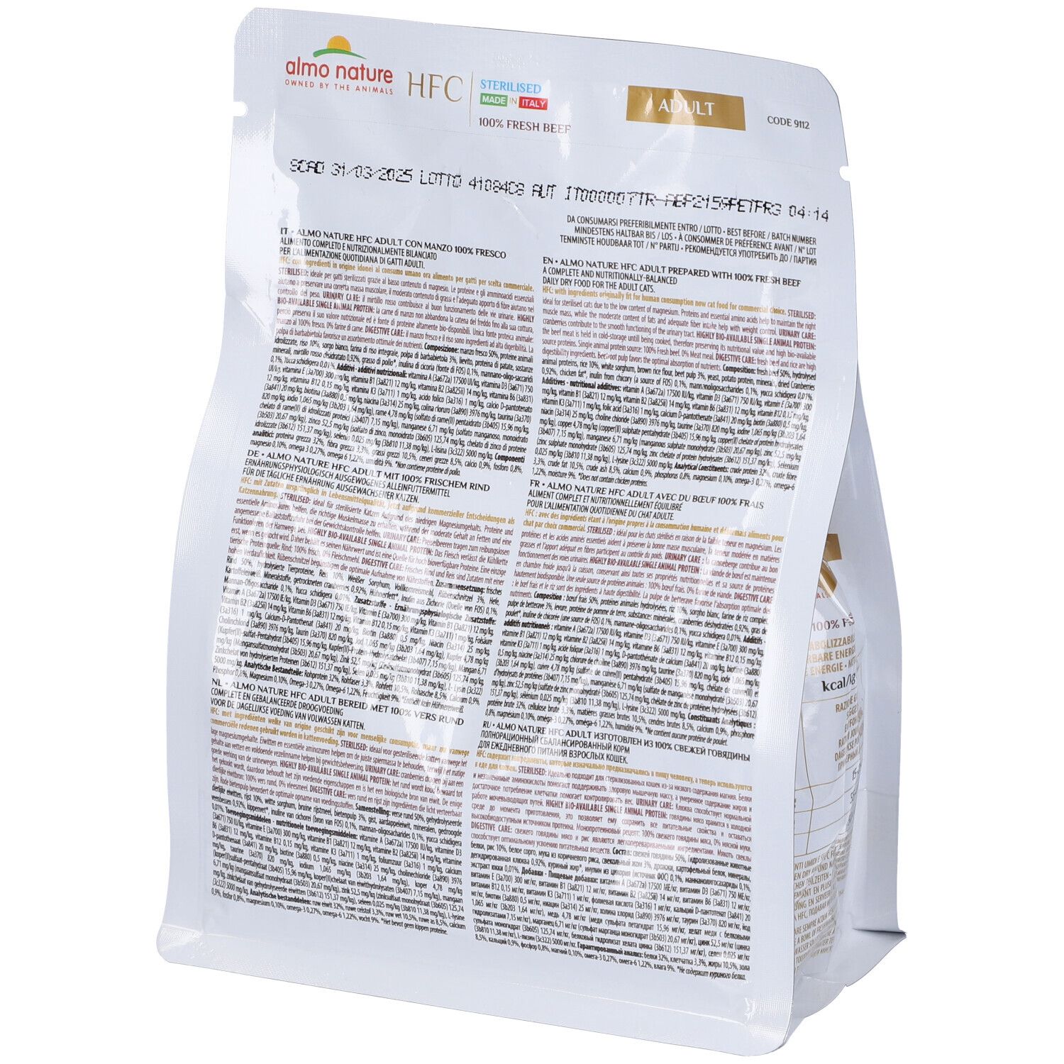 Retro della confezione di cibo per gatti Almo Nature. Ingredienti e informazioni nutrizionali. Data di scadenza.