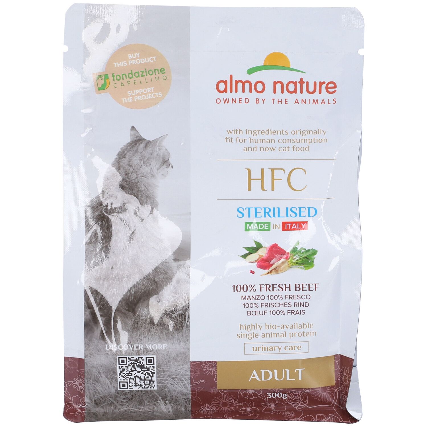 Confezione di cibo per gatti Almo Nature HFC Sterilised con manzo. Adulti. Made in Italy. Logo e testo. 300g.