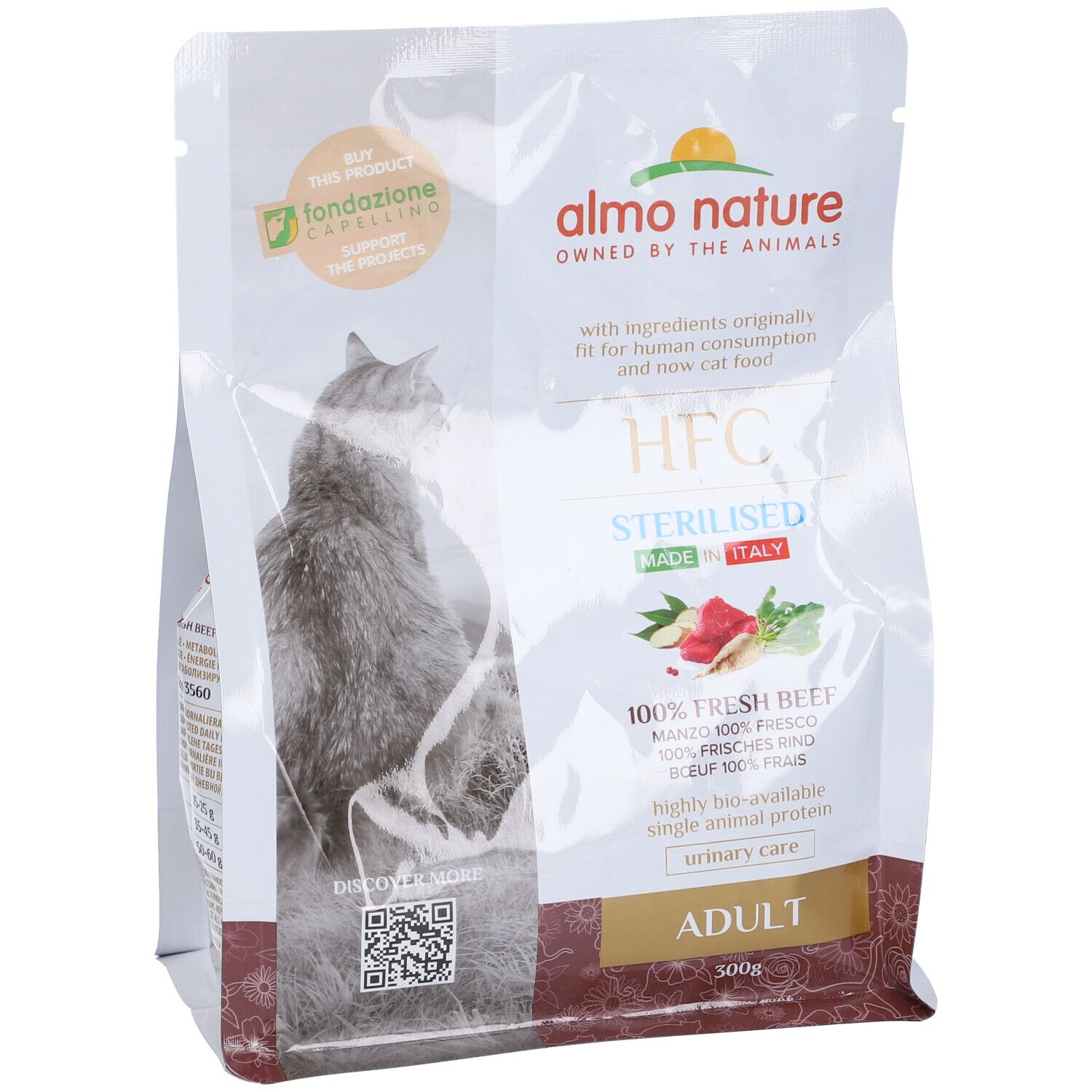 Confezione di cibo per gatti Almo Nature HFC Sterilised con manzo. Adulti. Made in Italy. Logo e testo. 300g.
