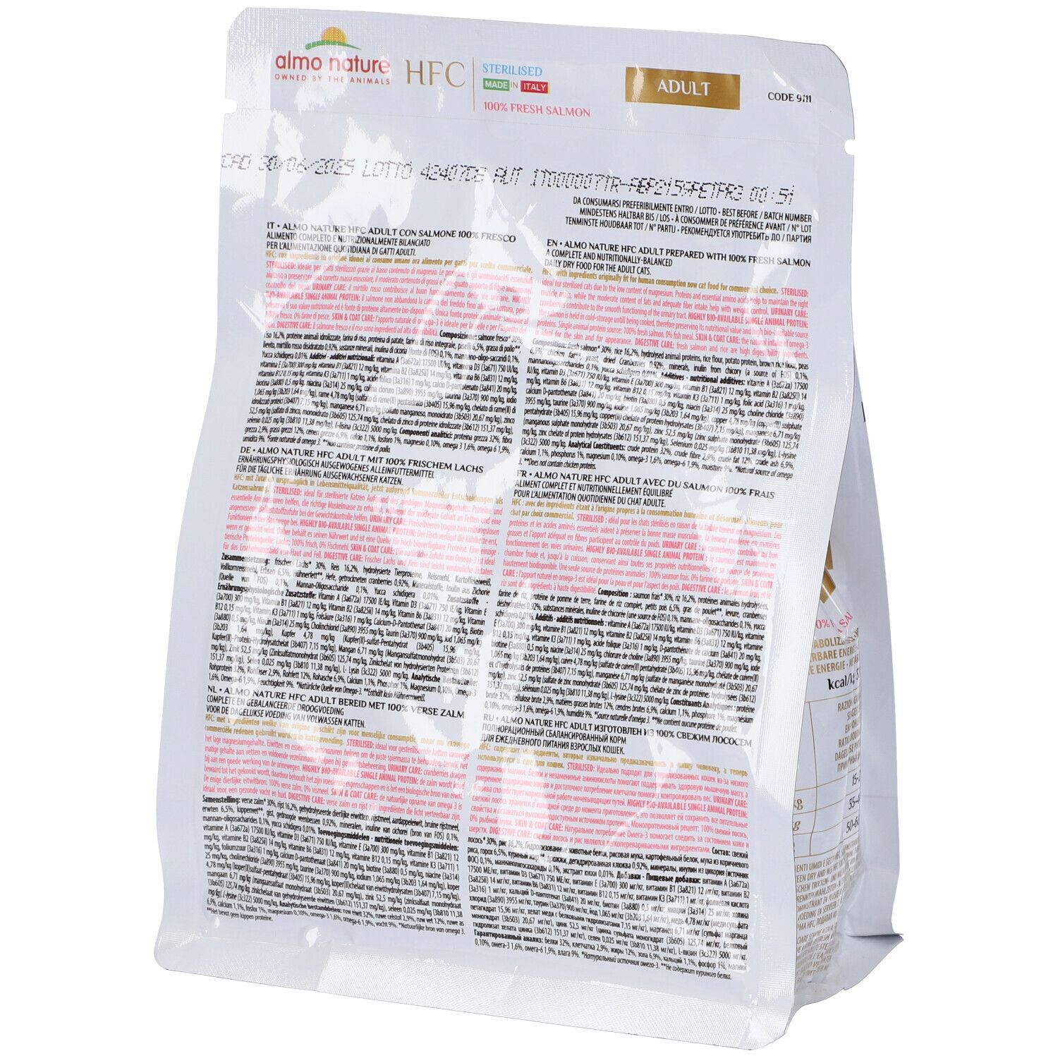 Retro del sacchetto di cibo per gatti. Informazioni testuali, elenco ingredienti. Marchio: Almo Nature. Scritta: Adult.