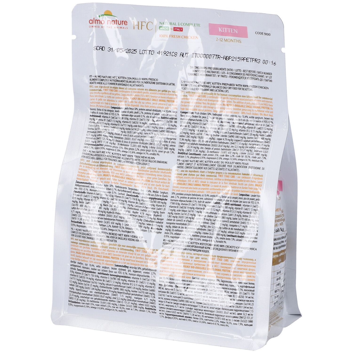 Retro della confezione HFC Kitten Pollo. Marchio Almo Nature. Contiene informazioni sugli ingredienti e il valore nutrizionale. Con testo multilingue.