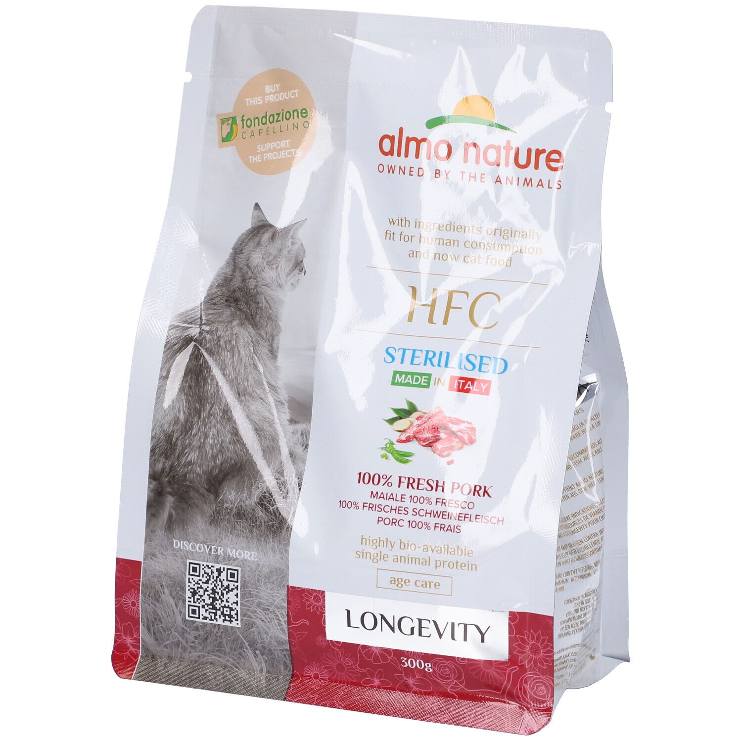 Confezione HFC Longevity Sterilised Maiale. Marchio Almo Nature. Contiene 100% carne fresca di maiale. Illustrazione di gatto.