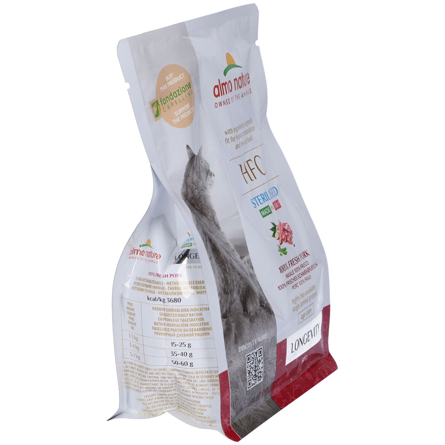 Confezione HFC Longevity Sterilised Maiale, Almo Nature. Contiene 100% carne fresca di maiale. Retro con testo e informazioni nutrizionali.