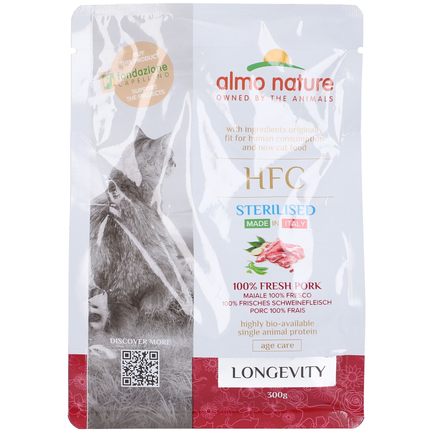 Confezione HFC Longevity Sterilised Maiale. Marchio Almo Nature. Contiene 100% carne fresca di maiale. Illustrazione di gatto.