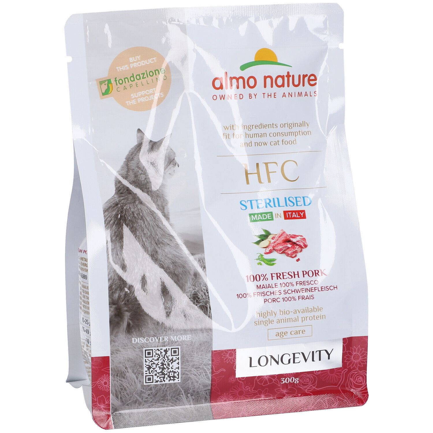 Confezione HFC Longevity Sterilised Maiale. Marchio Almo Nature. Contiene 100% carne fresca di maiale. Illustrazione di gatto.