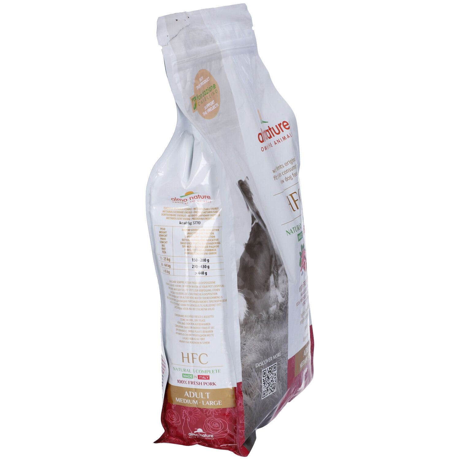 Sacco di cibo per cani Almo Nature HFC, vista laterale. Testo: HFC, 100% maiale fresco. Per cani di taglia media-grande.
