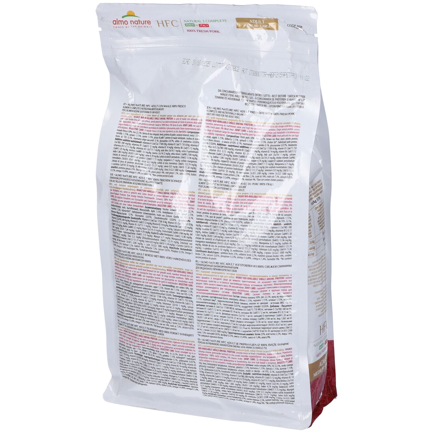 Retro del sacco di cibo per cani Almo Nature HFC. Testo con ingredienti e informazioni nutrizionali. Per cani.