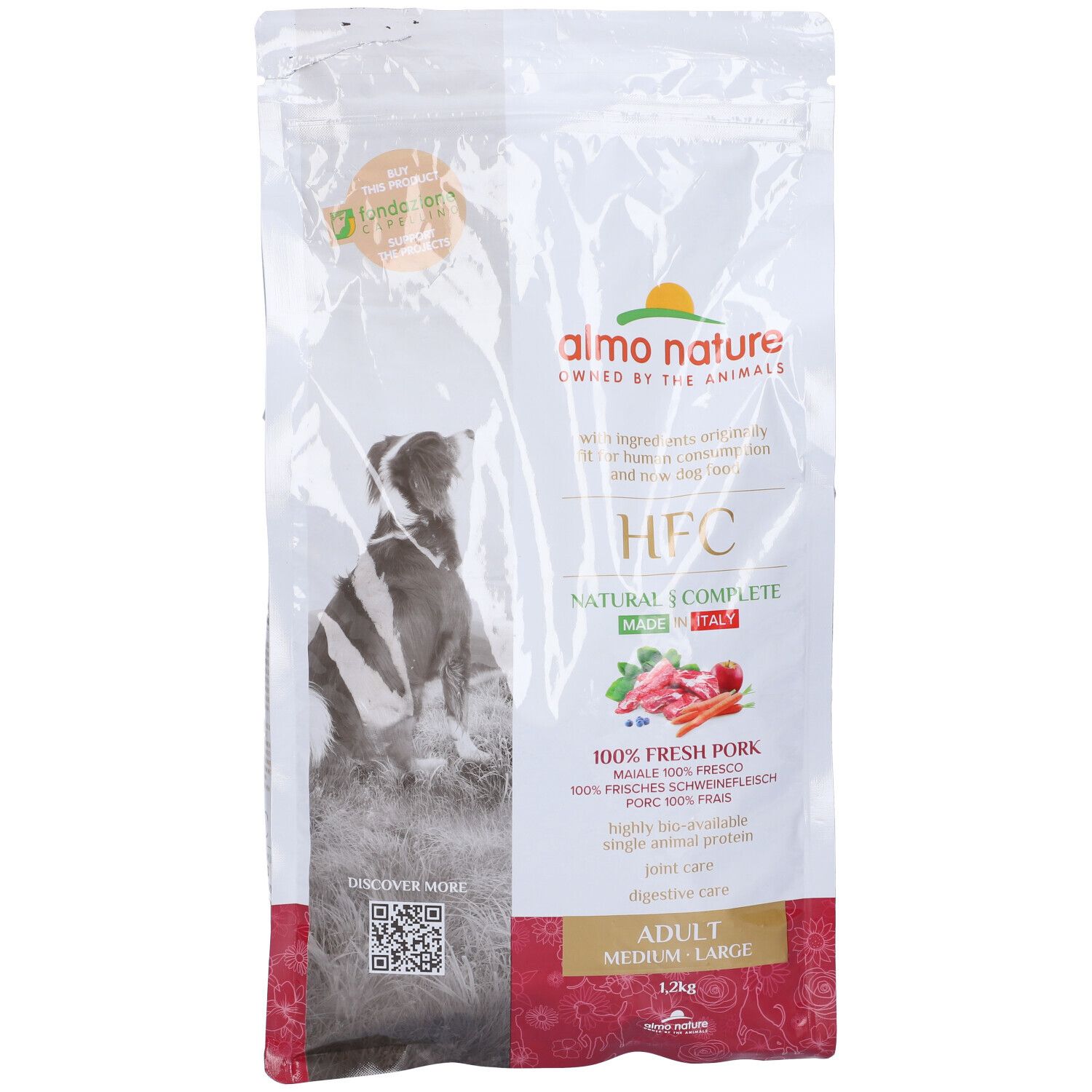 Almo Nature HFC, sacco di cibo per cani. Contiene 100% carne fresca di maiale. Per cani adulti taglia media-grande.