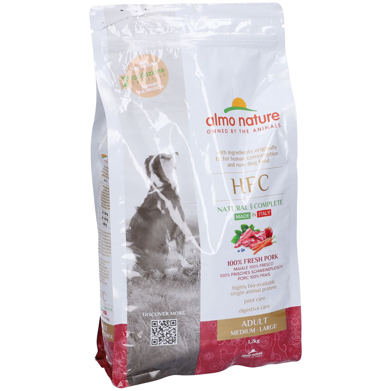 Almo Nature HFC, sacco di cibo per cani. Contiene 100% carne fresca di maiale. Per cani adulti taglia media-grande.