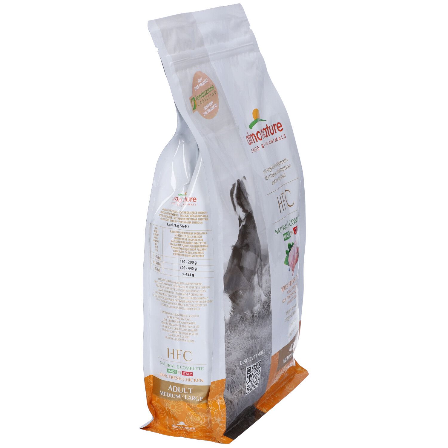 Sacchetto di cibo per cani Almo Nature HFC, Natural Complete, Adult Medium-Large. Vista laterale con informazioni e logo.