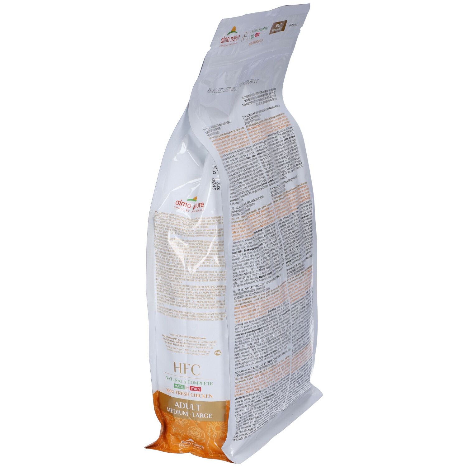 Sacchetto di cibo per cani Almo Nature HFC, Natural Complete, Adult Medium-Large. Vista laterale con testo e logo.
