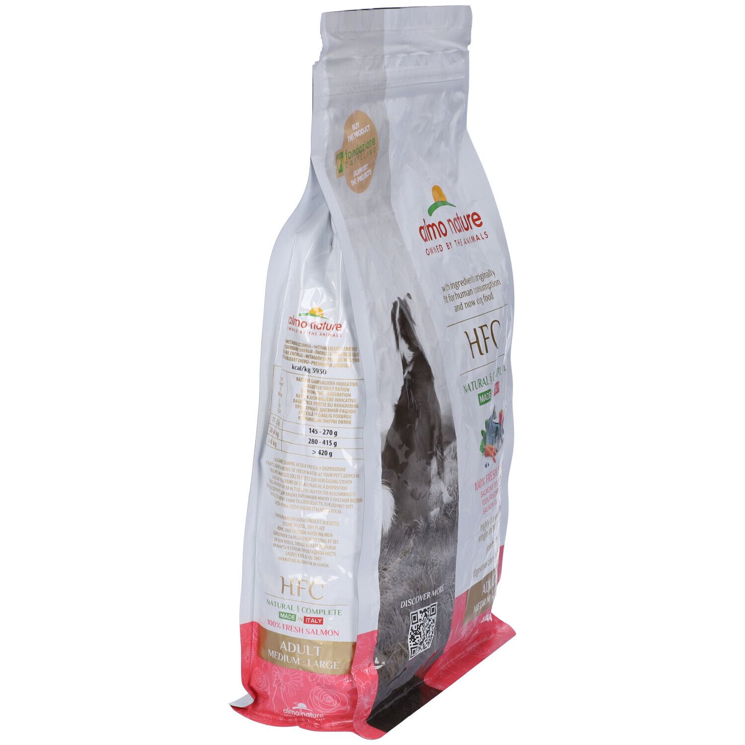 Vista laterale del sacchetto di cibo per cani. Scritta: Almo Nature HFC, Adult Medium-Large.