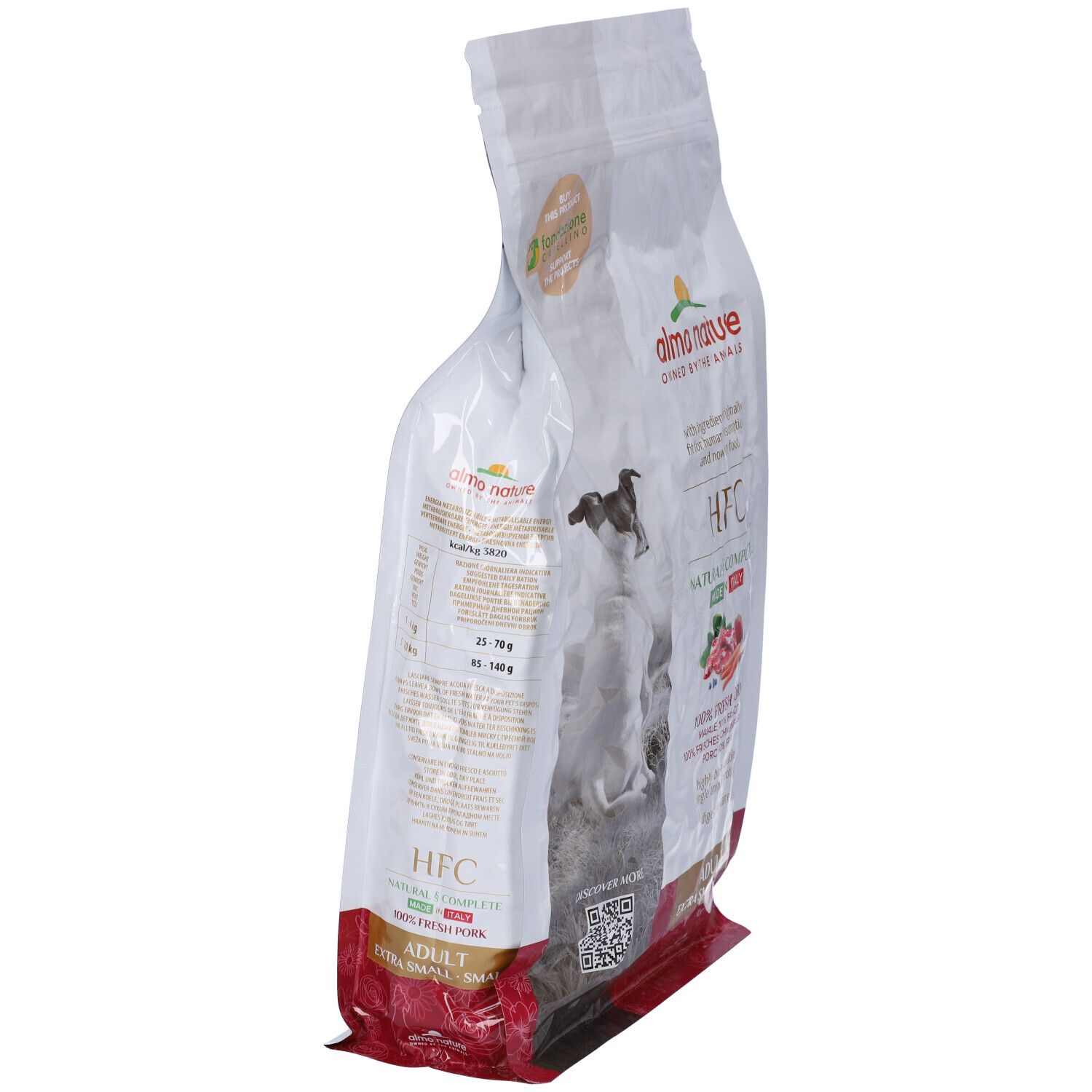 Sacchetto di cibo per cani Almo Nature HFC, in diagonale. Scritte: HFC, 100% maiale fresco, Adult, Extra Small, Small. Immagine di un cane.