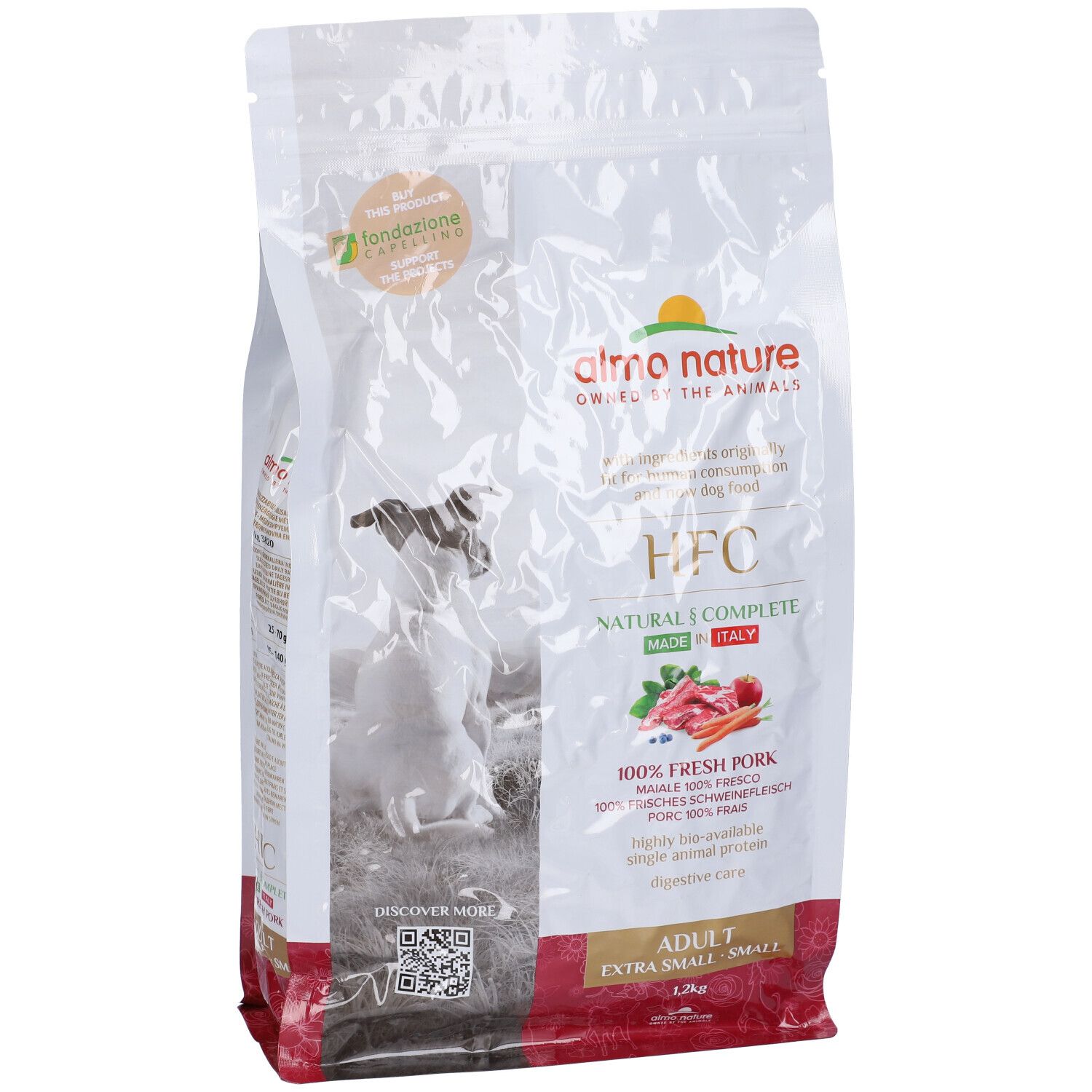 Sacchetto di cibo per cani Almo Nature HFC. Scritte: HFC, 100% maiale fresco, Adult, Extra Small, Small. Immagine di un cane.