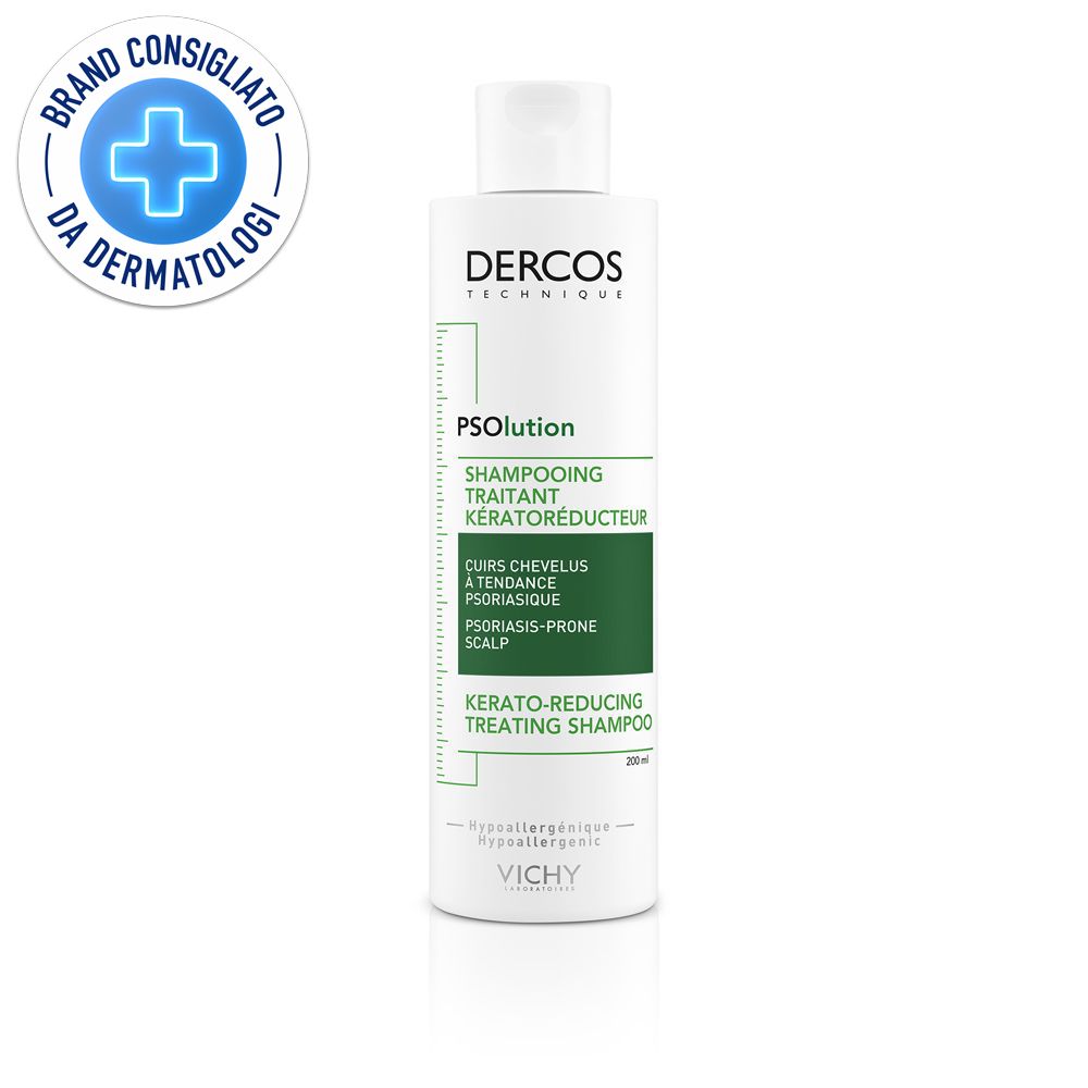 Shampoo bianco con etichetta verde. Marchio Dercos, nome PSolution. Testato dermatologicamente.