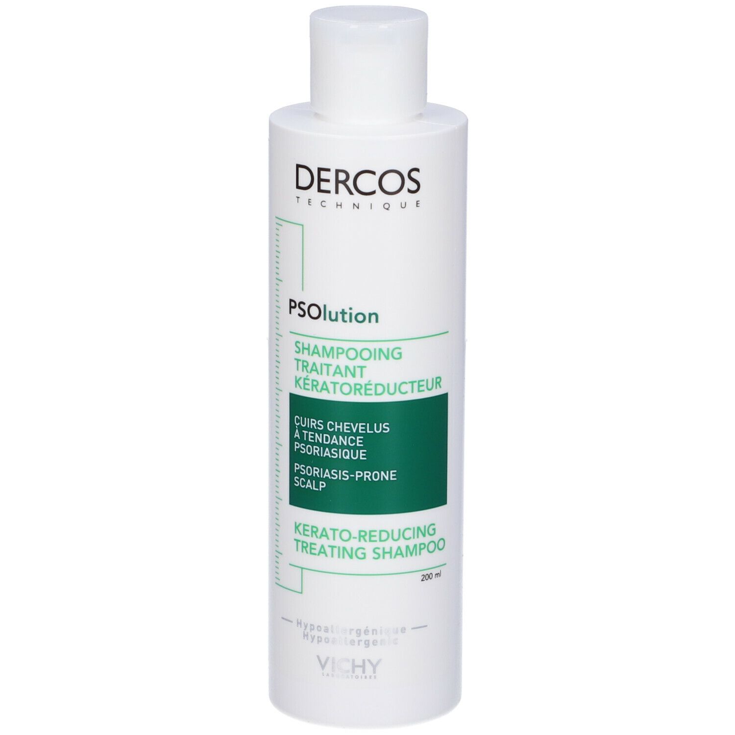 Flacone di shampoo. Dercos PSolution. Per forfora e cuoio capelluto pruriginoso.