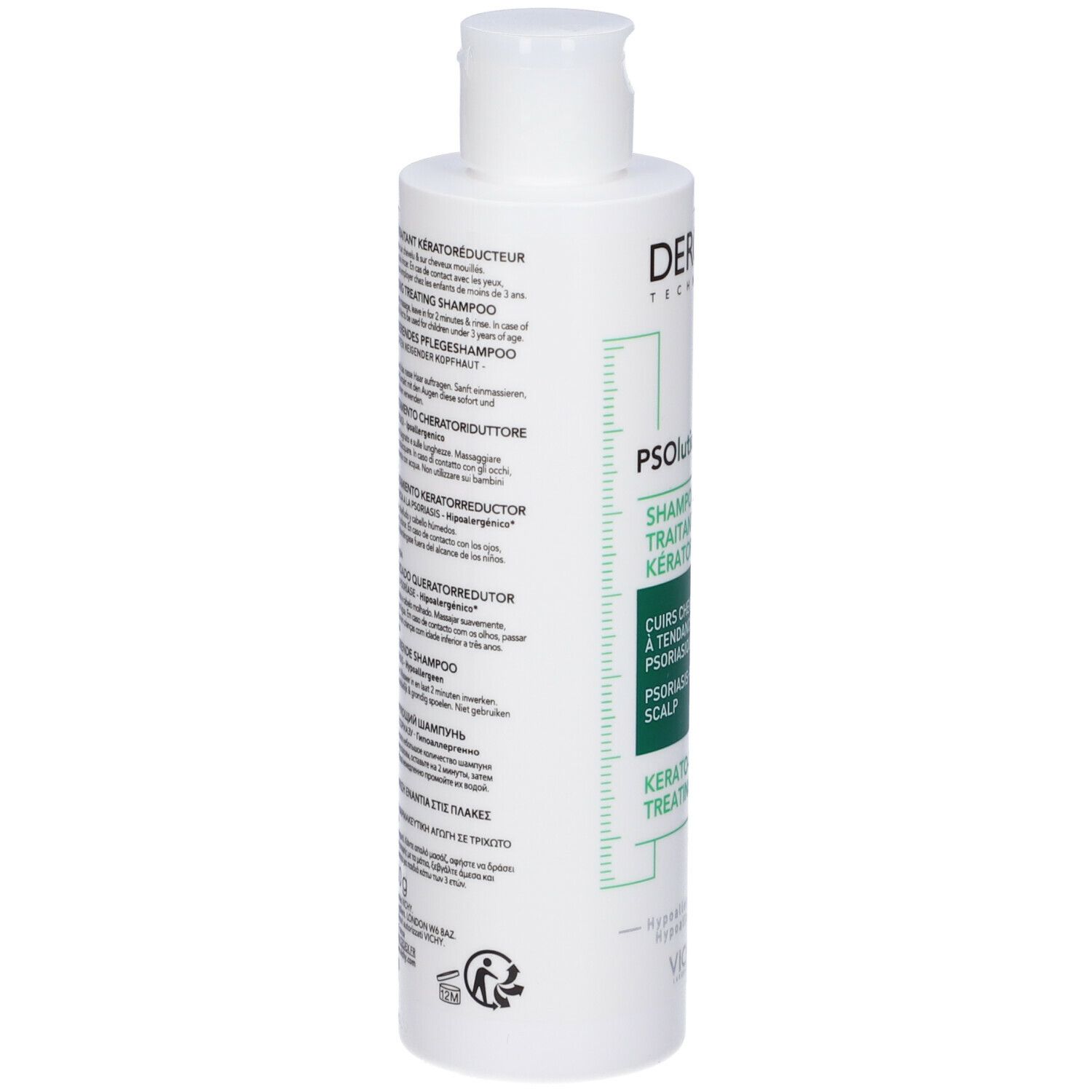 Retro del flacone di shampoo. Dercos PSolution. Per forfora e cuoio capelluto pruriginoso.