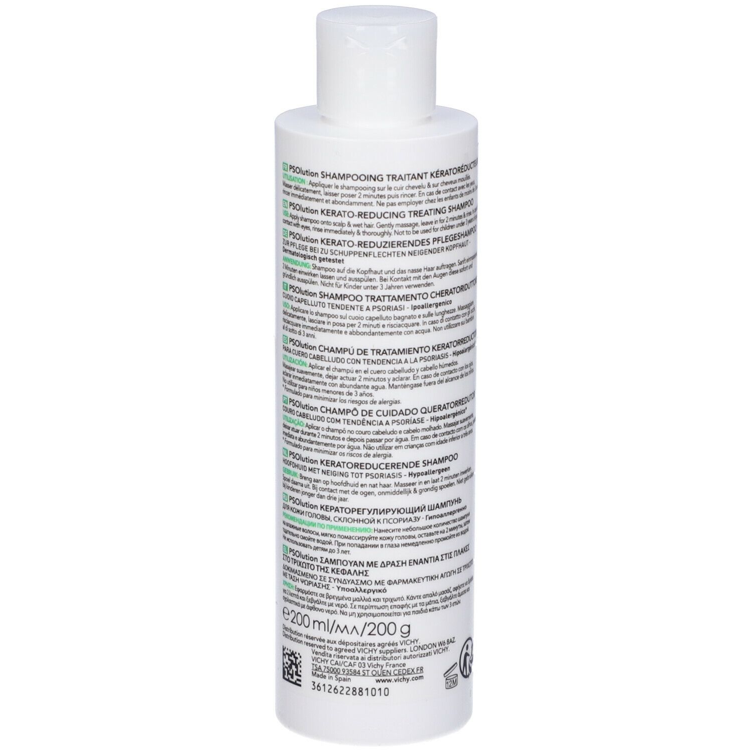 Retro del flacone di shampoo con testo. Dercos PSolution. Per forfora e cuoio capelluto pruriginoso.