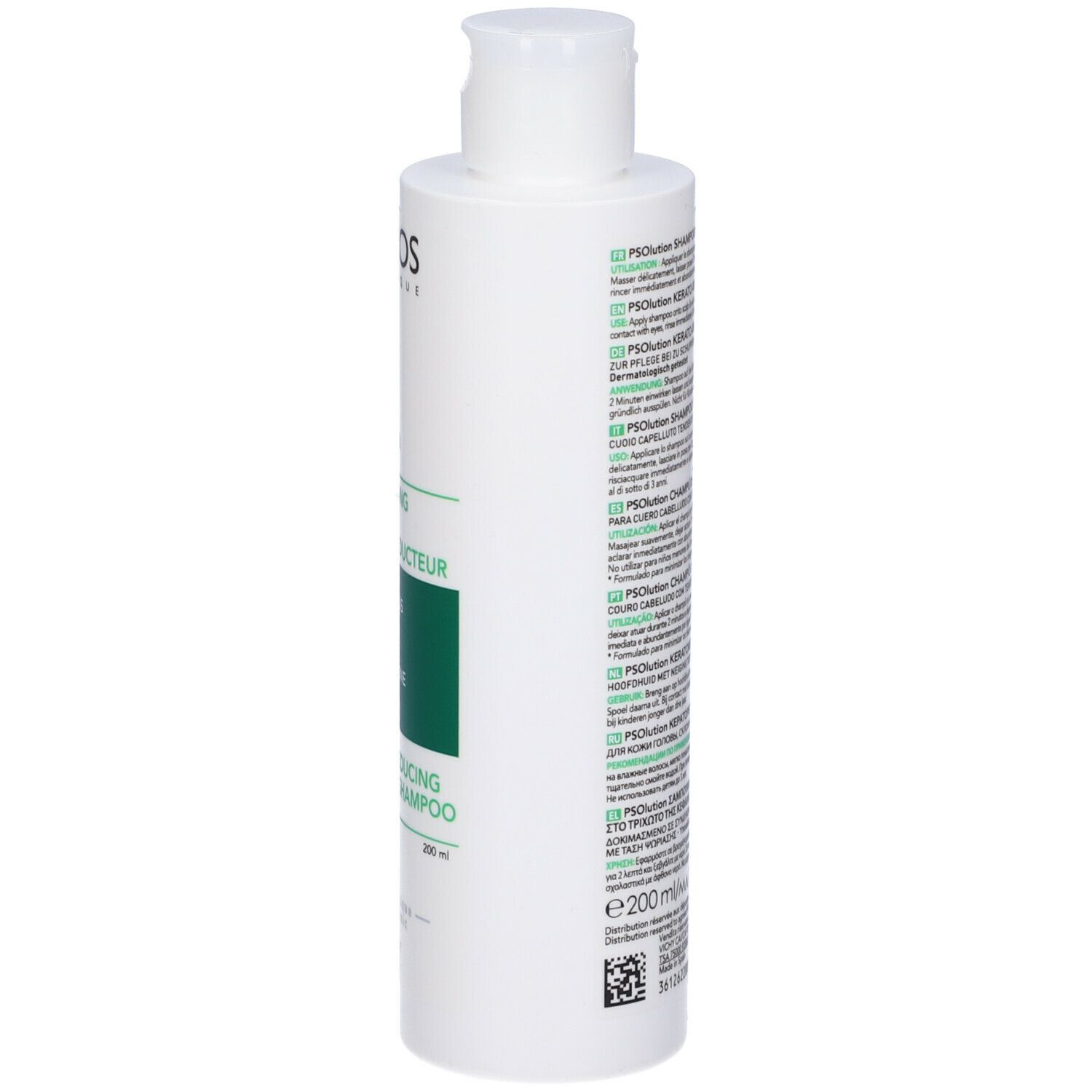 Retro del flacone di shampoo. Dercos PSolution. Per forfora e cuoio capelluto pruriginoso.