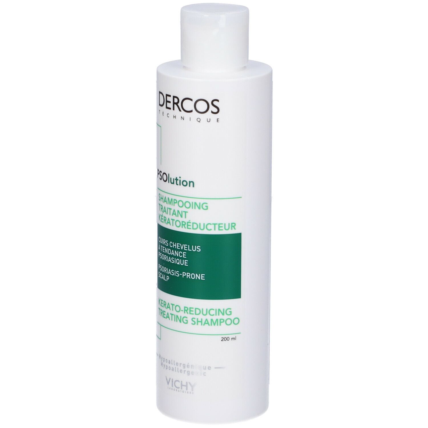 Flacone di shampoo. Dercos PSolution. Per forfora e cuoio capelluto pruriginoso.