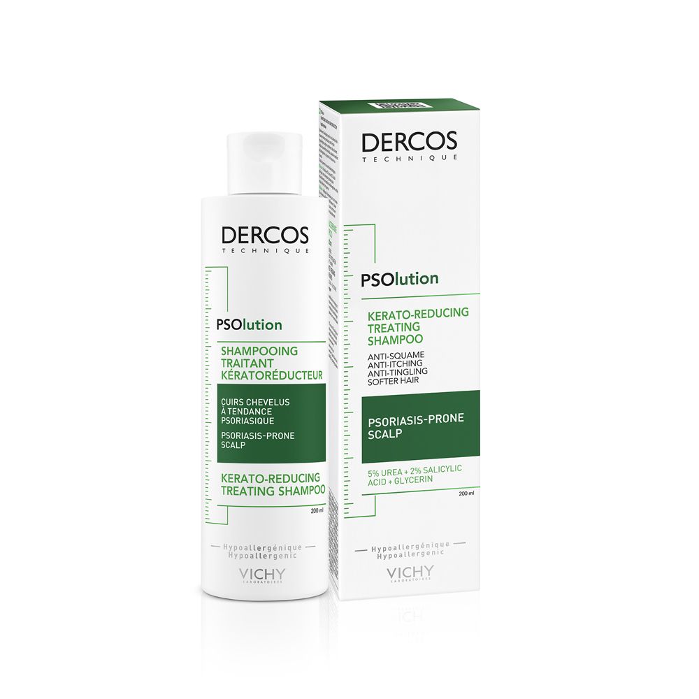 Flacone e scatola di shampoo. Dercos PSolution, Kerato-Reducing Shampoo. Per forfora e prurito.