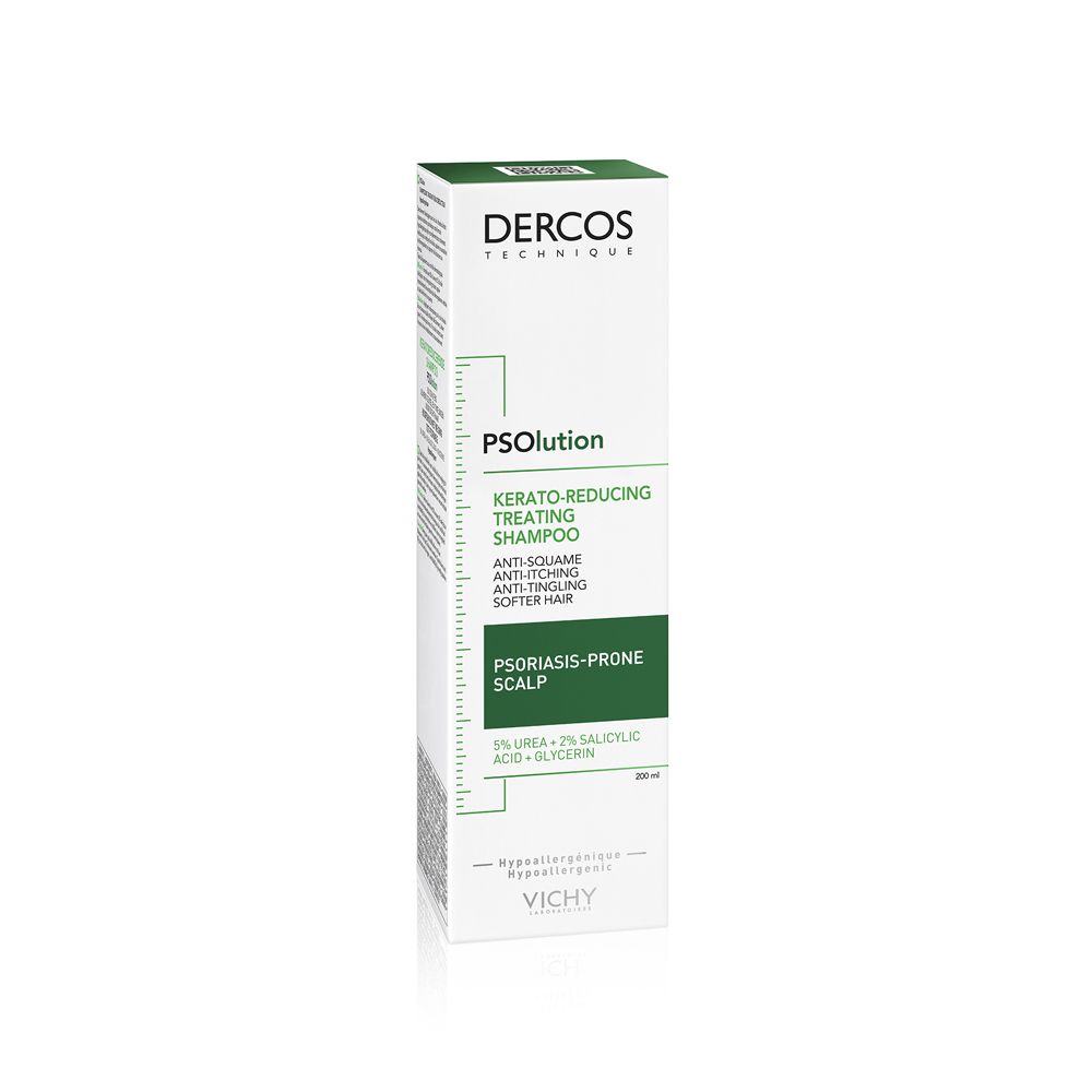 Scatola bianca con etichetta verde. Dercos PSolution, Kerato-Reducing Shampoo. Per forfora e prurito.
