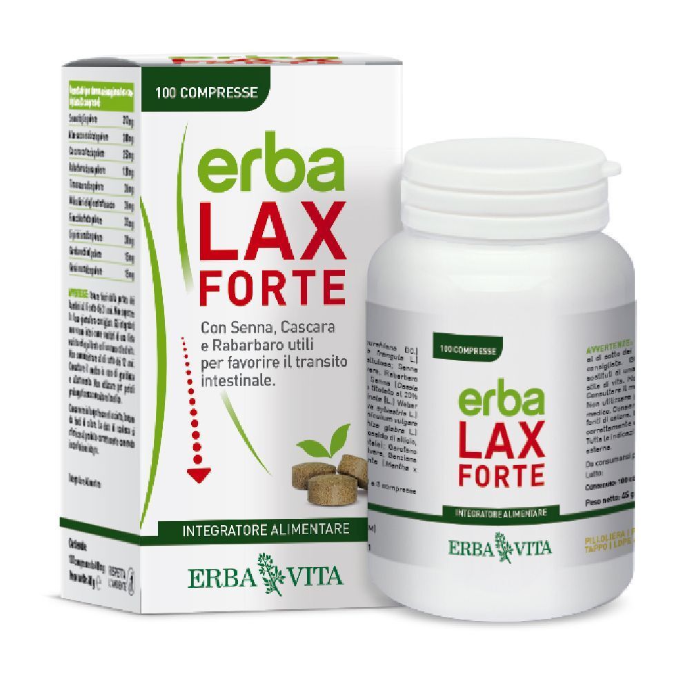 Confezione e flacone di Erba Lax Forte. Contiene 100 compresse. Marca: Erba Vita.