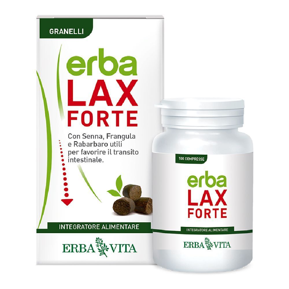 Flacone e scatola bianchi con testo rosso e verde. Scritto: Erba Lax Forte. Con Granelli.