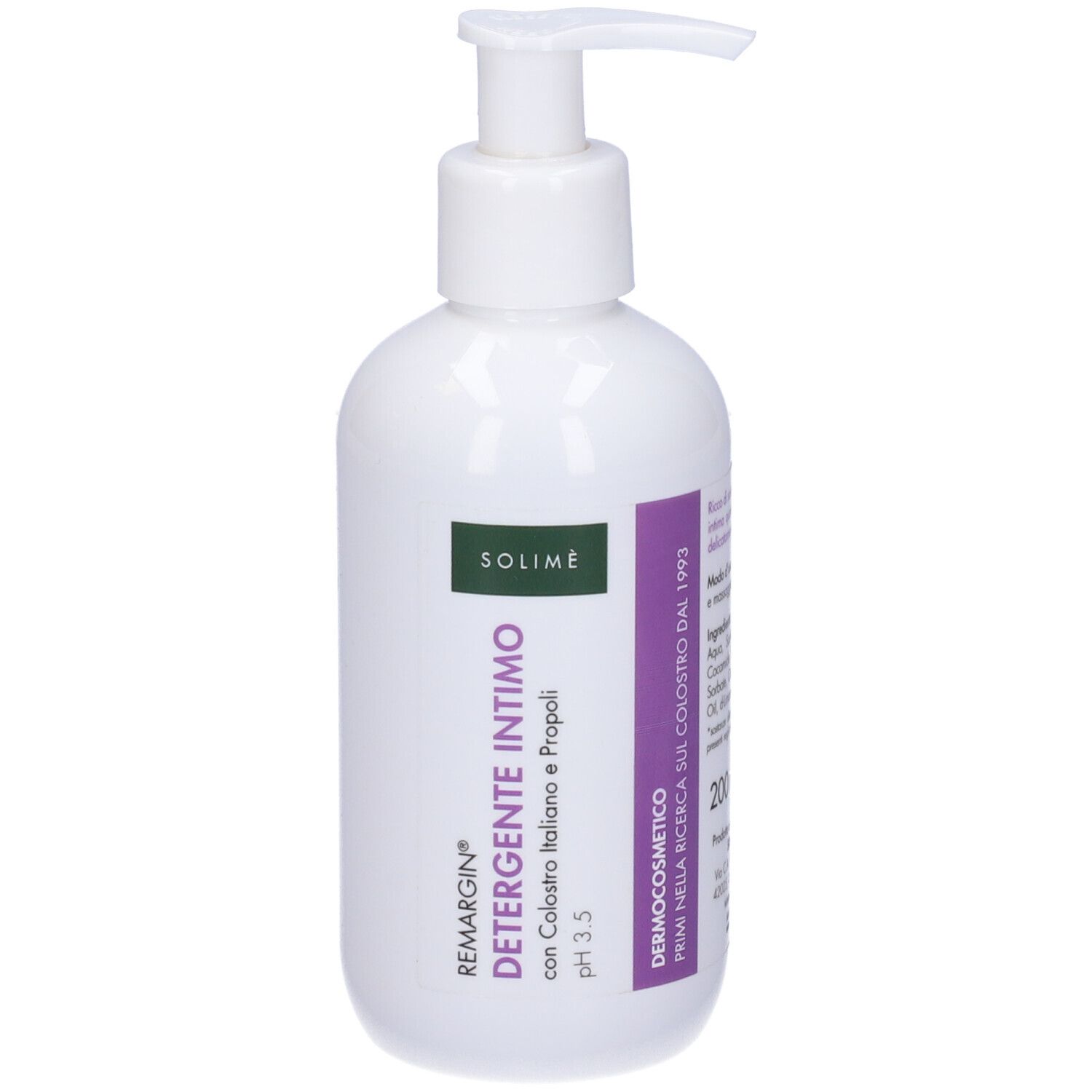 Flacone bianco con dosatore a pompa. Scritta: Remargin Detergente Intimo, pH 3.5, con Colostro Italiano e Propoli. Etichetta verde-viola.