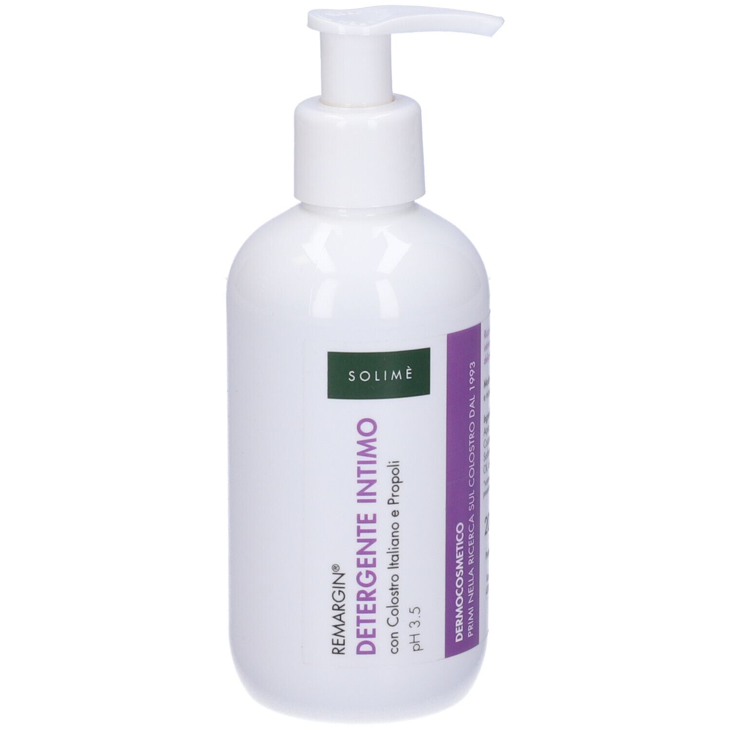 Flacone bianco con dosatore a pompa. Scritta: Remargin Detergente Intimo, pH 3.5, con Colostro Italiano e Propoli. Etichetta verde-viola.