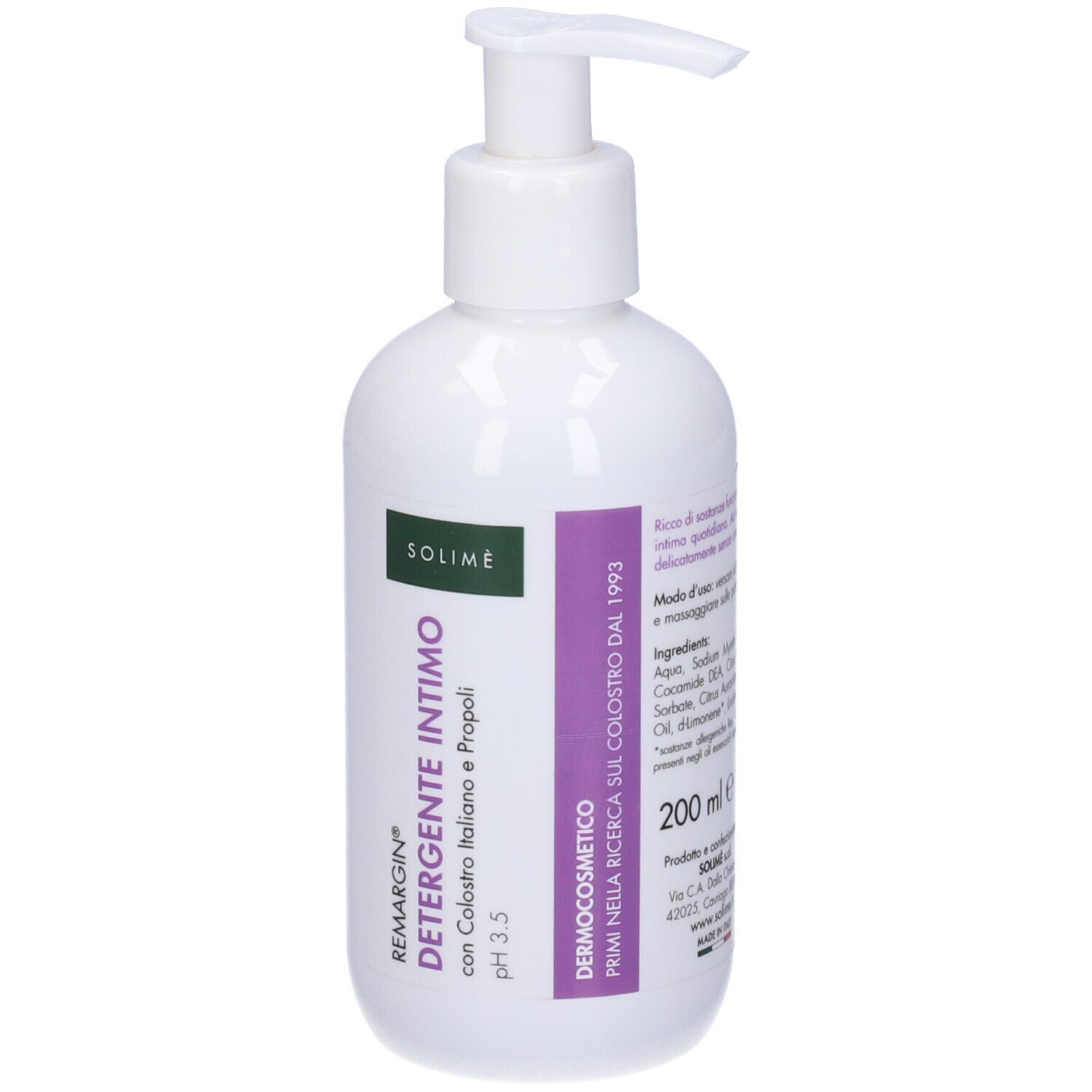Flacone bianco con dosatore a pompa. Scritta: Remargin Detergente Intimo, pH 3.5, con Colostro Italiano e Propoli. 200 ml. Etichetta verde-viola.