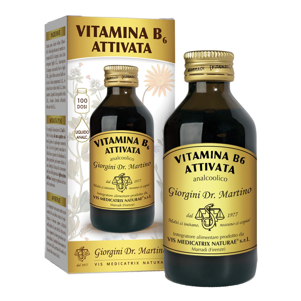 Bottiglia di vetro marrone con tappo dorato. Scritta: Vitamina B6 Attivata, Giorgini Dr. Martino. Con confezione.
