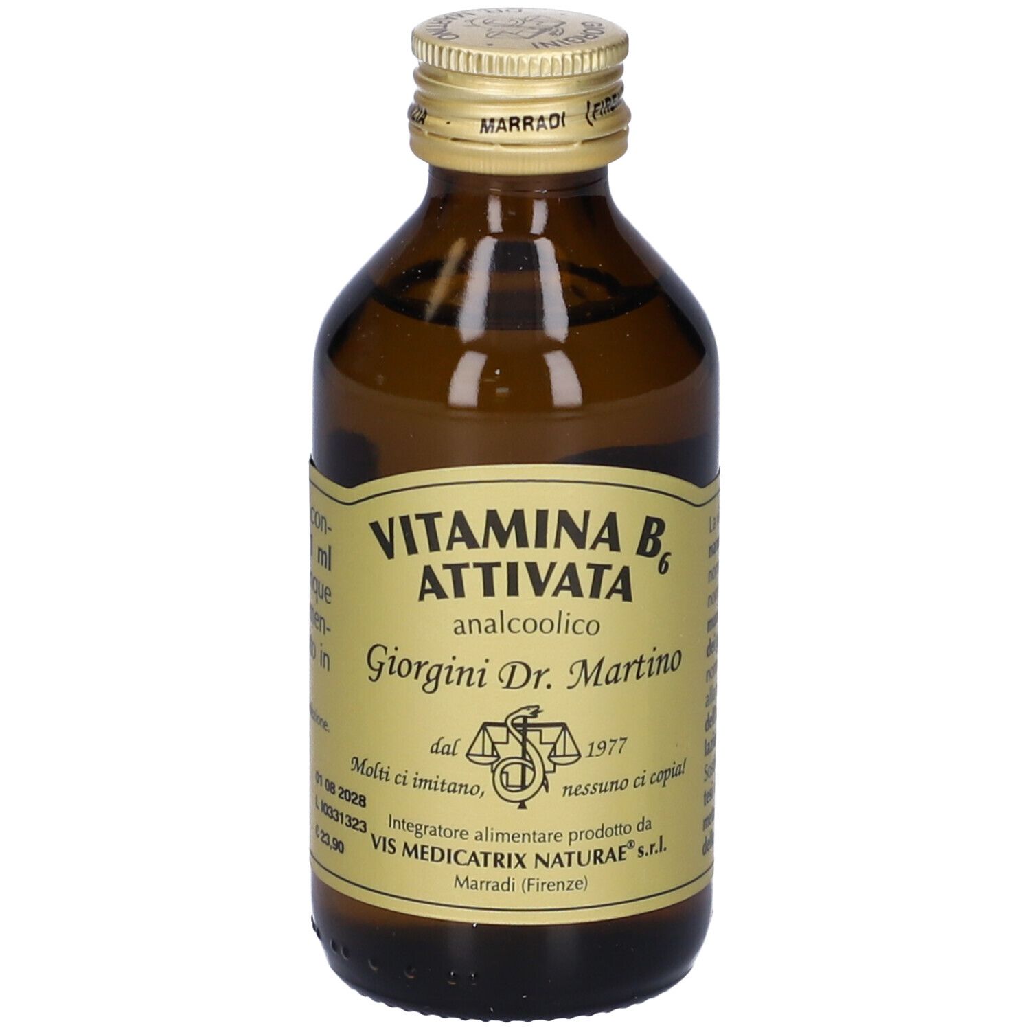 Bottiglia di vetro marrone con tappo dorato. Scritta: Vitamina B6 Attivata, Giorgini Dr. Martino.