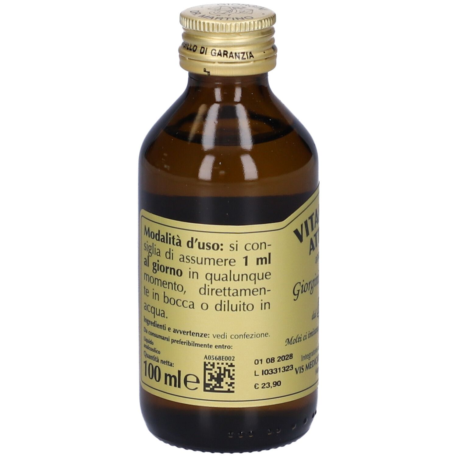 Bottiglia di vetro marrone con tappo dorato. Scritta: Vitamina B6 Attivata, Giorgini Dr. Martino. 100 ml.
