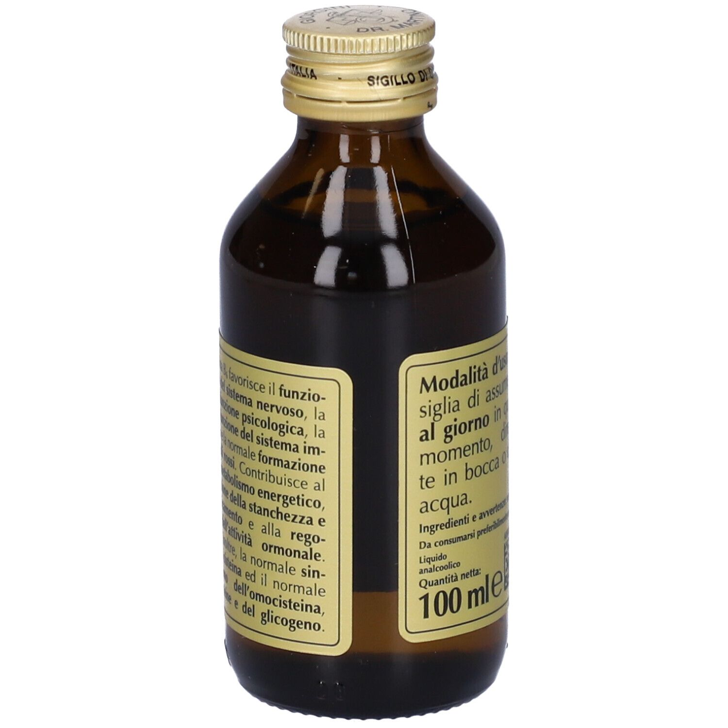 Bottiglia di vetro marrone con tappo dorato. Scritta: Vitamina B6 Attivata, Giorgini Dr. Martino. 100 ml.
