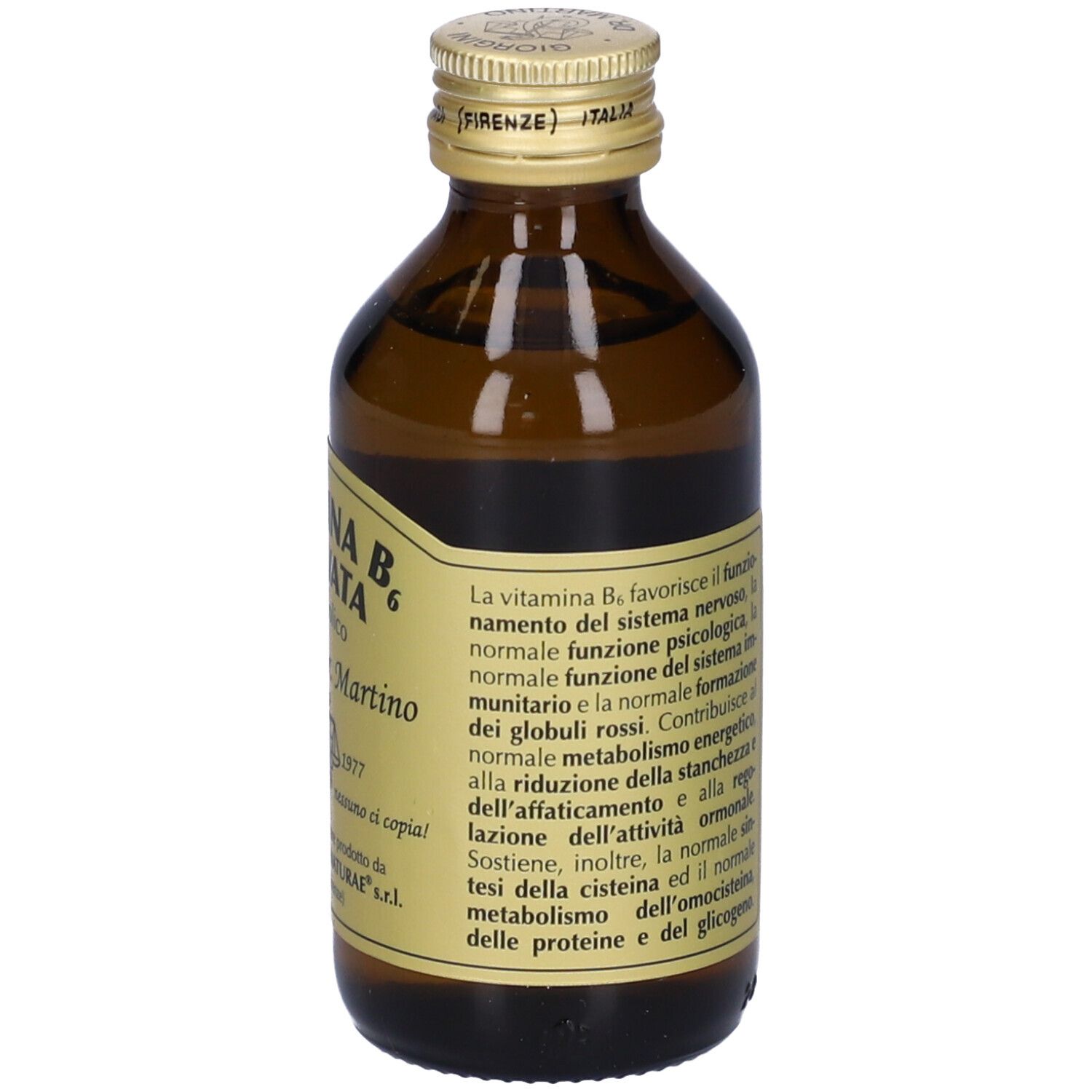 Bottiglia di vetro marrone con tappo dorato. Scritta: Vitamina B6 Attivata, Giorgini Dr. Martino. 100 ml.